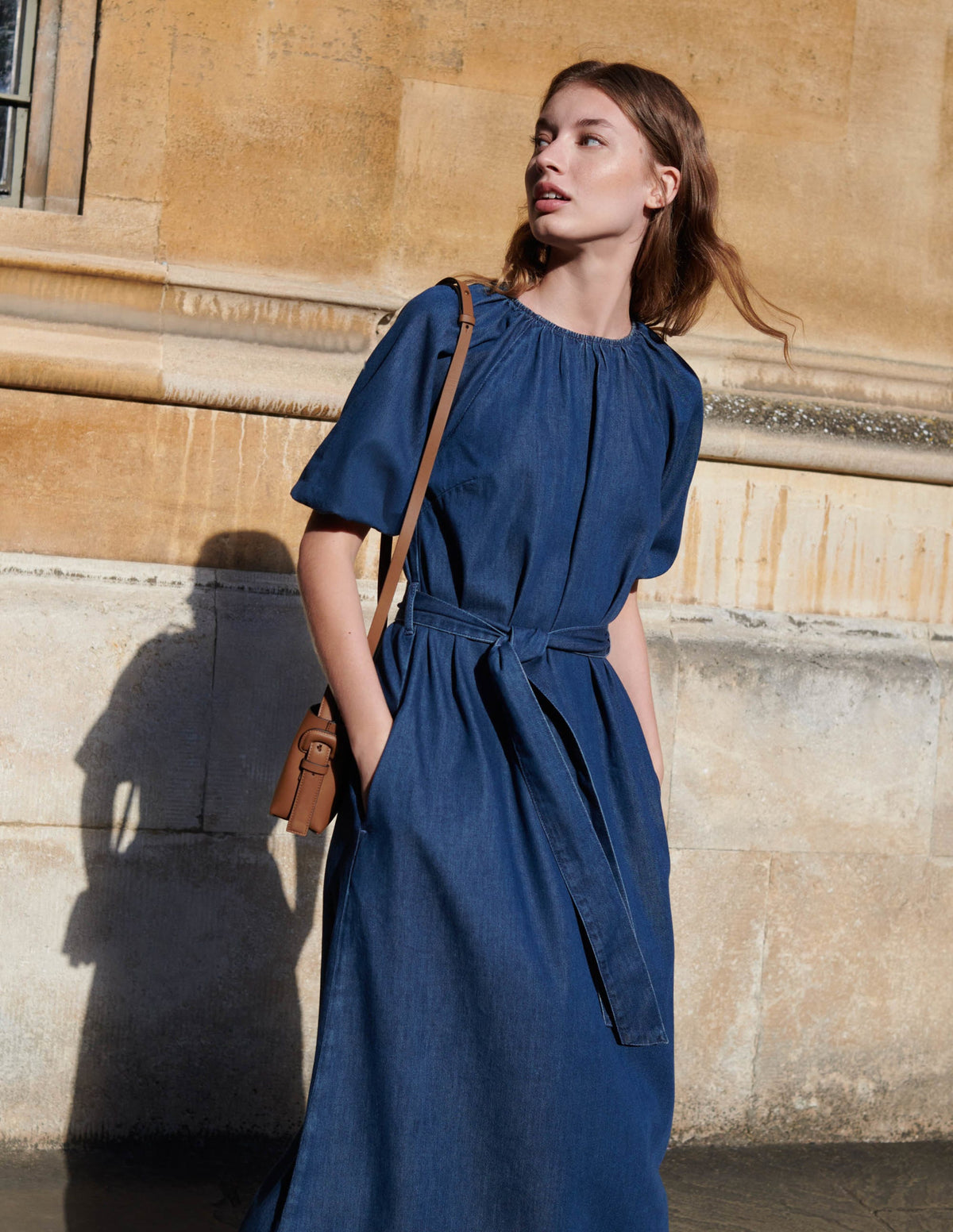 Säulen-Midikleid mit Puffärmeln-Mittleres Denim-10