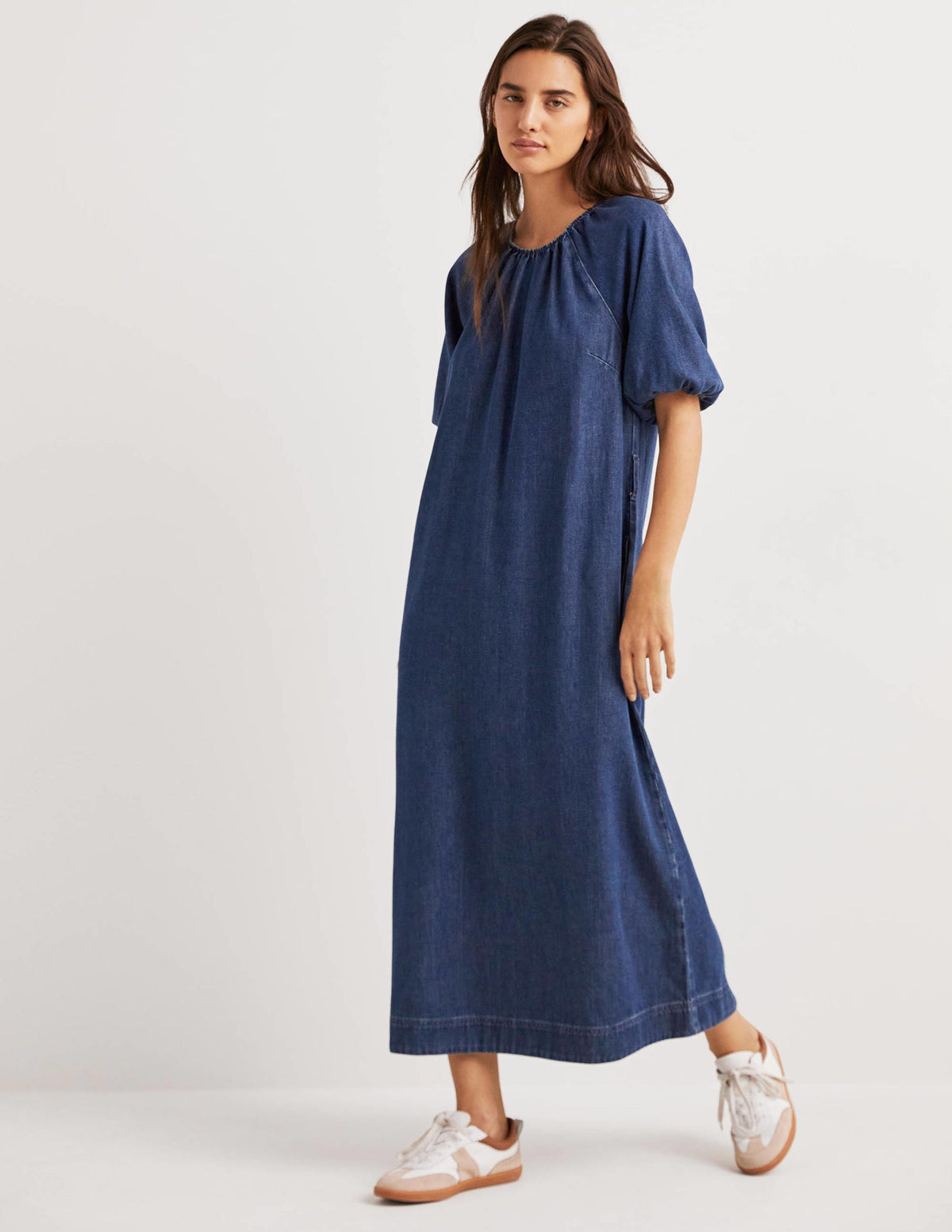 Säulen-Midikleid mit Puffärmeln-Mittleres Denim-1