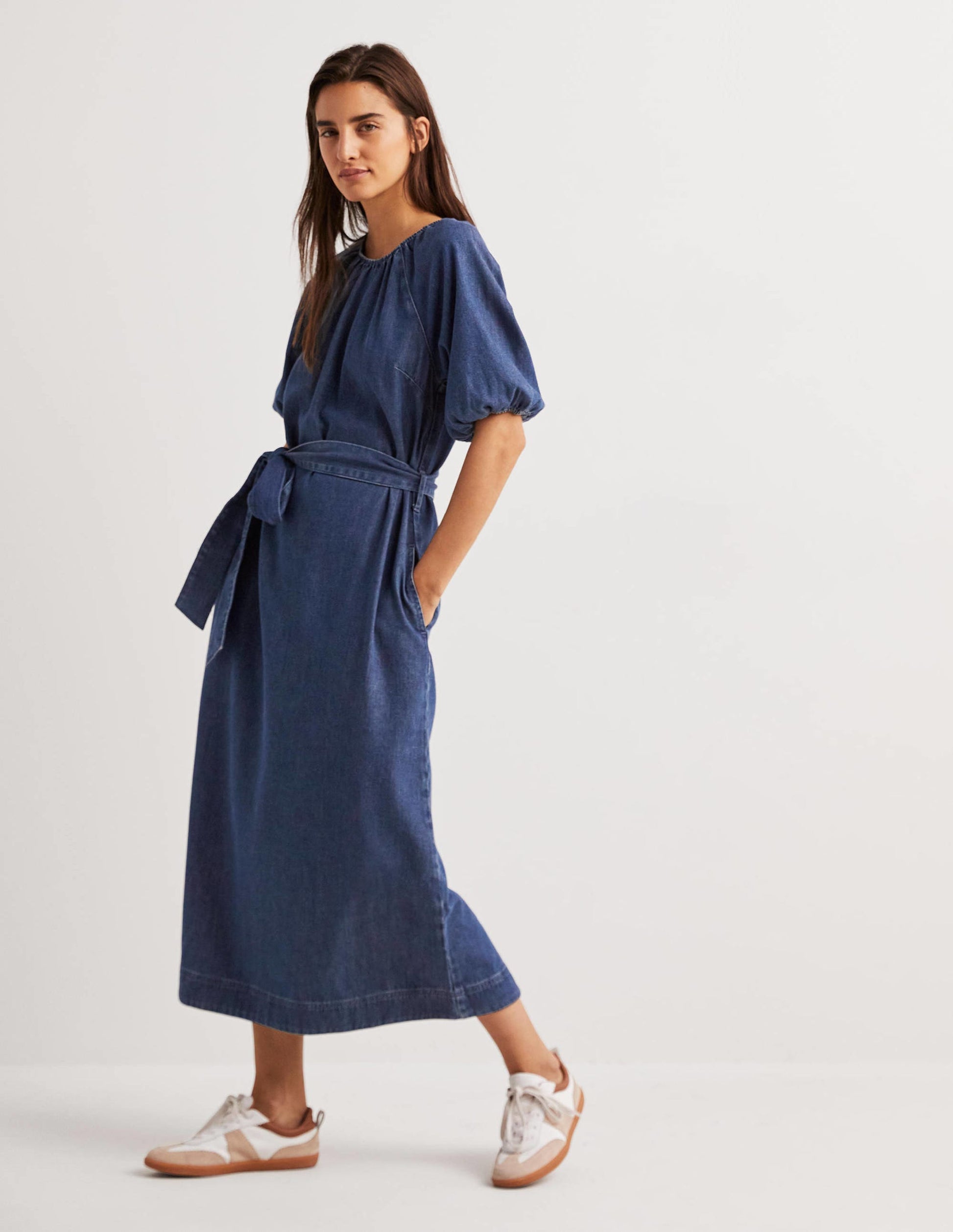 Säulen-Midikleid mit Puffärmeln-Mittleres Denim-4