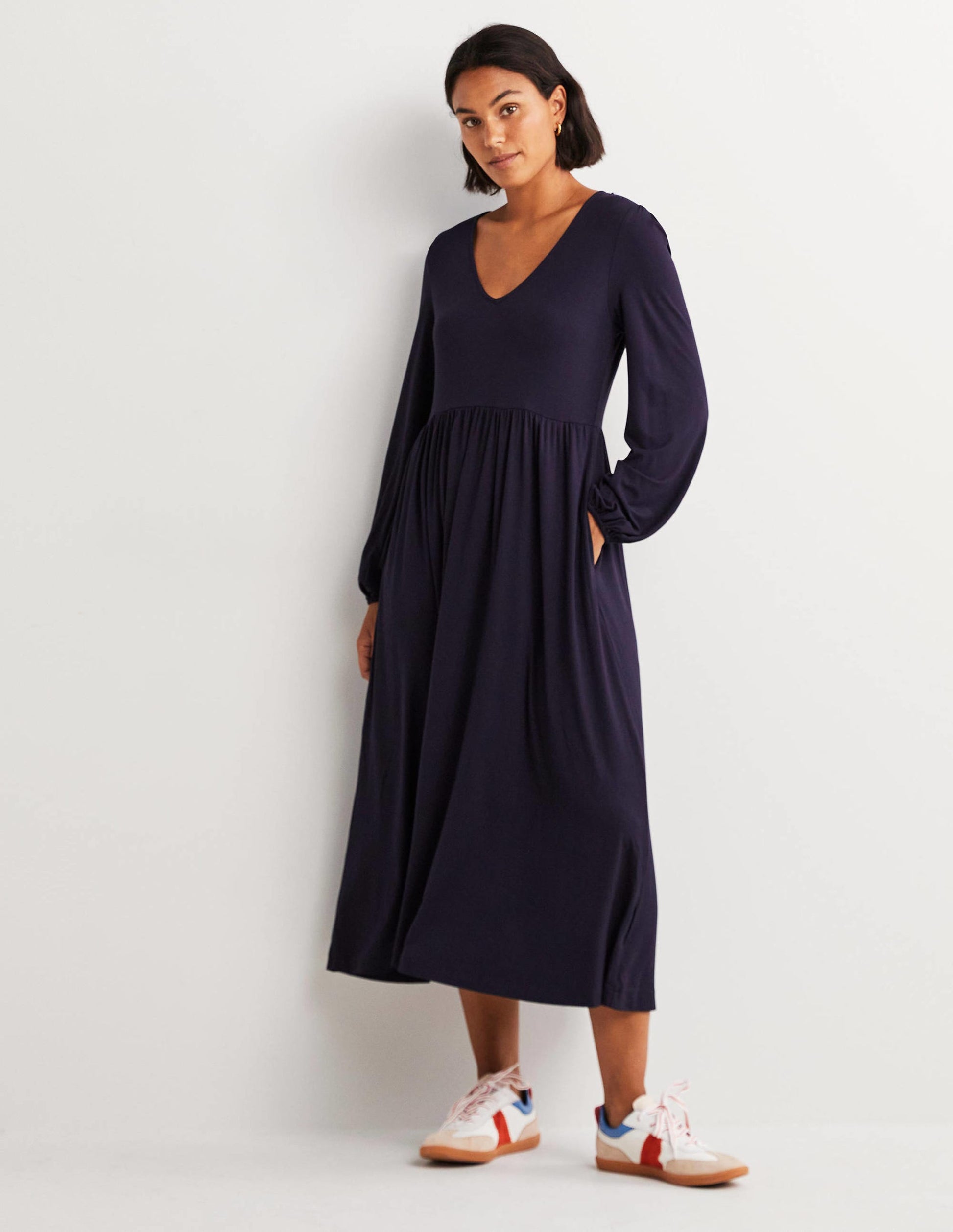 Jersey-Midikleid mit langen Ärmeln-Marineblau-1