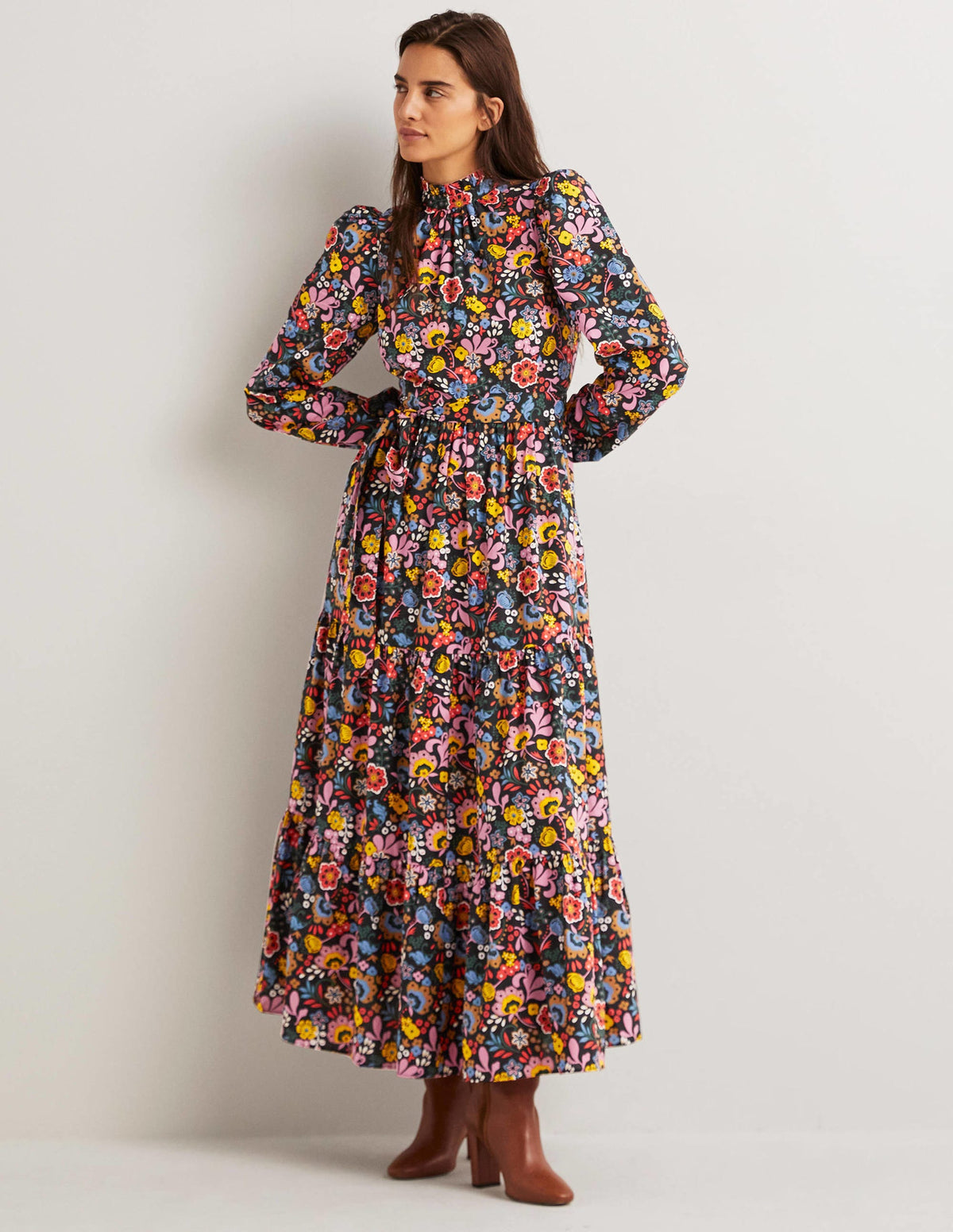 Maxikleid mit Gigot-Ärmeln-Bunt, Hübsches Paradiesmuster-1
