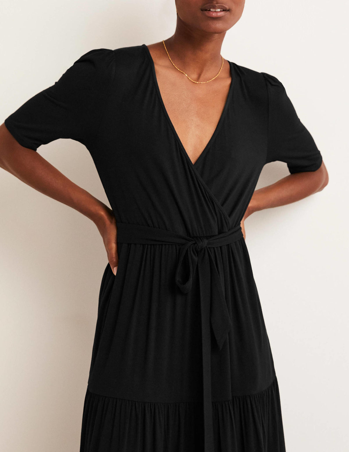 Tiered Wrap Jersey Maxi Dress-Black-2