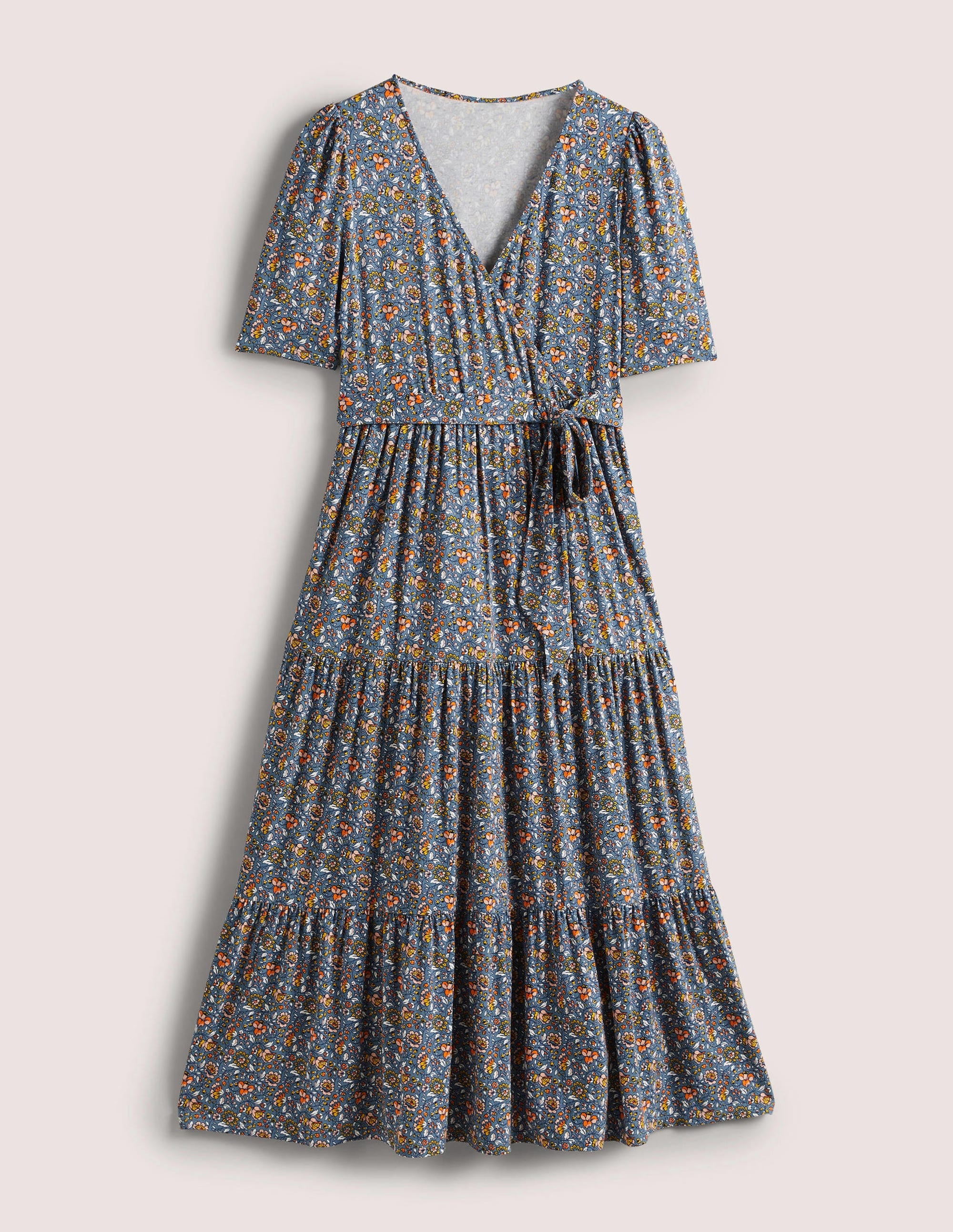 Tiered Wrap Jersey Maxi Dress-Navy, Botanic Meadow - Image 6