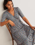 Tiered Wrap Jersey Maxi Dress-Navy, Botanic Meadow
