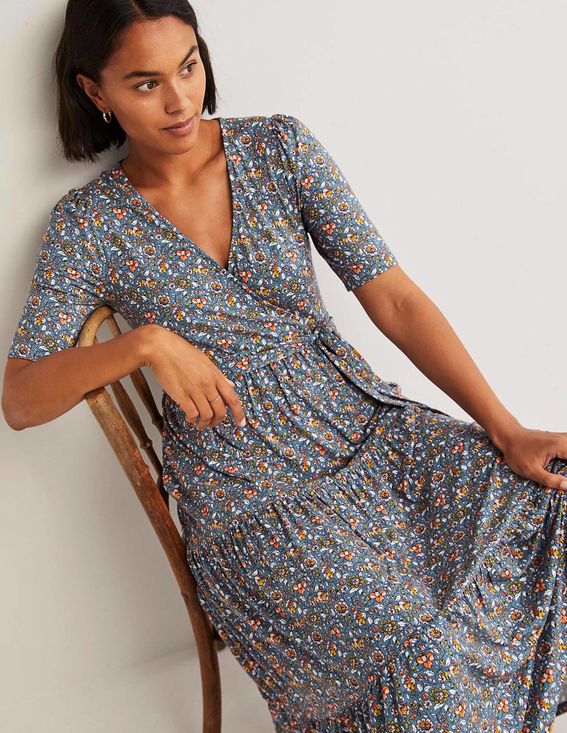 Tiered Wrap Jersey Maxi Dress-Navy, Botanic Meadow-1