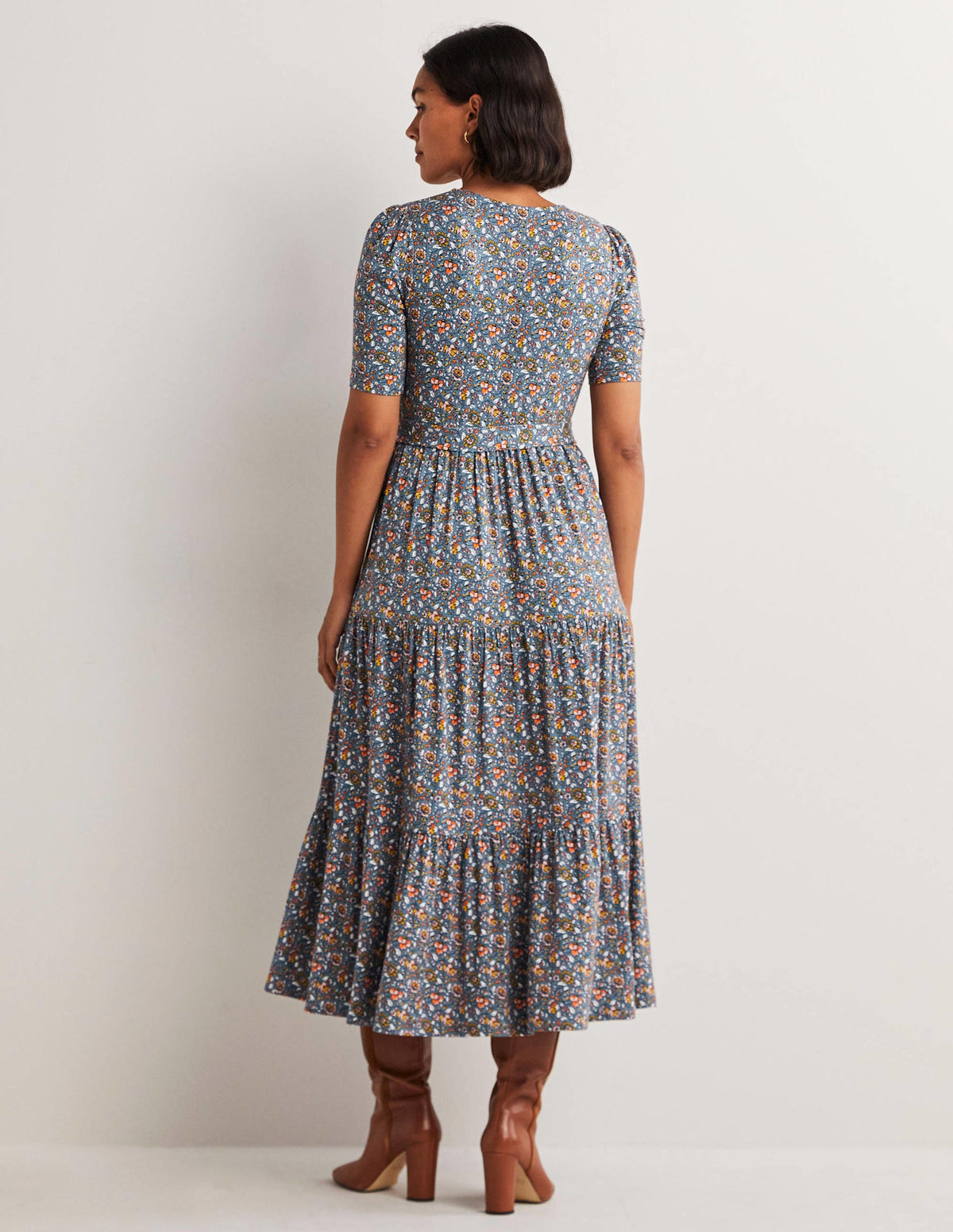 Tiered Wrap Jersey Maxi Dress-Navy, Botanic Meadow - Image 4