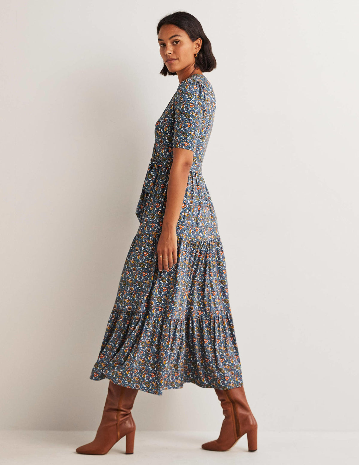 Tiered Wrap Jersey Maxi Dress-Navy, Botanic Meadow - Image 5