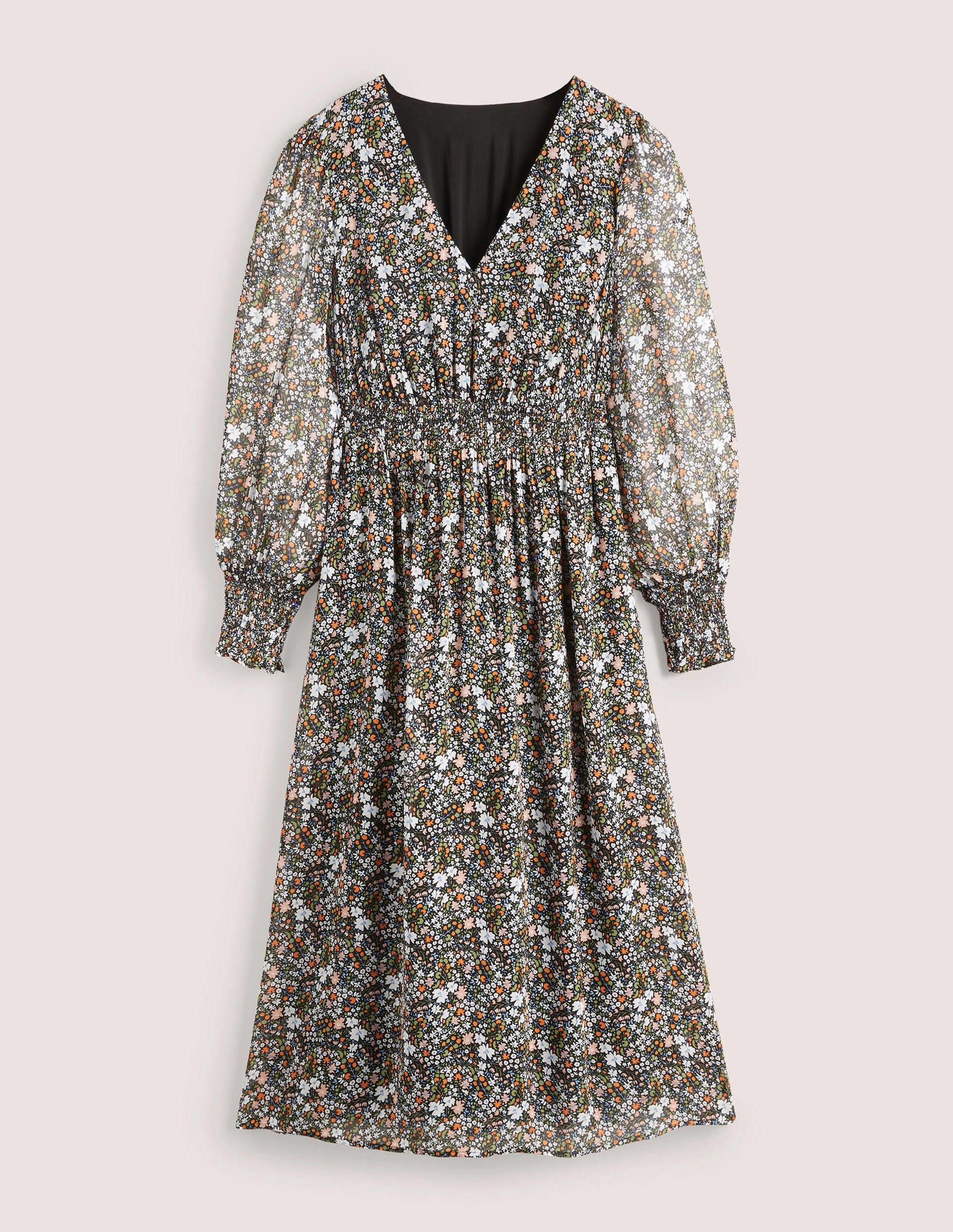 Robe midi à taille smockée-Noir, motif Abstract Ditsy-6
