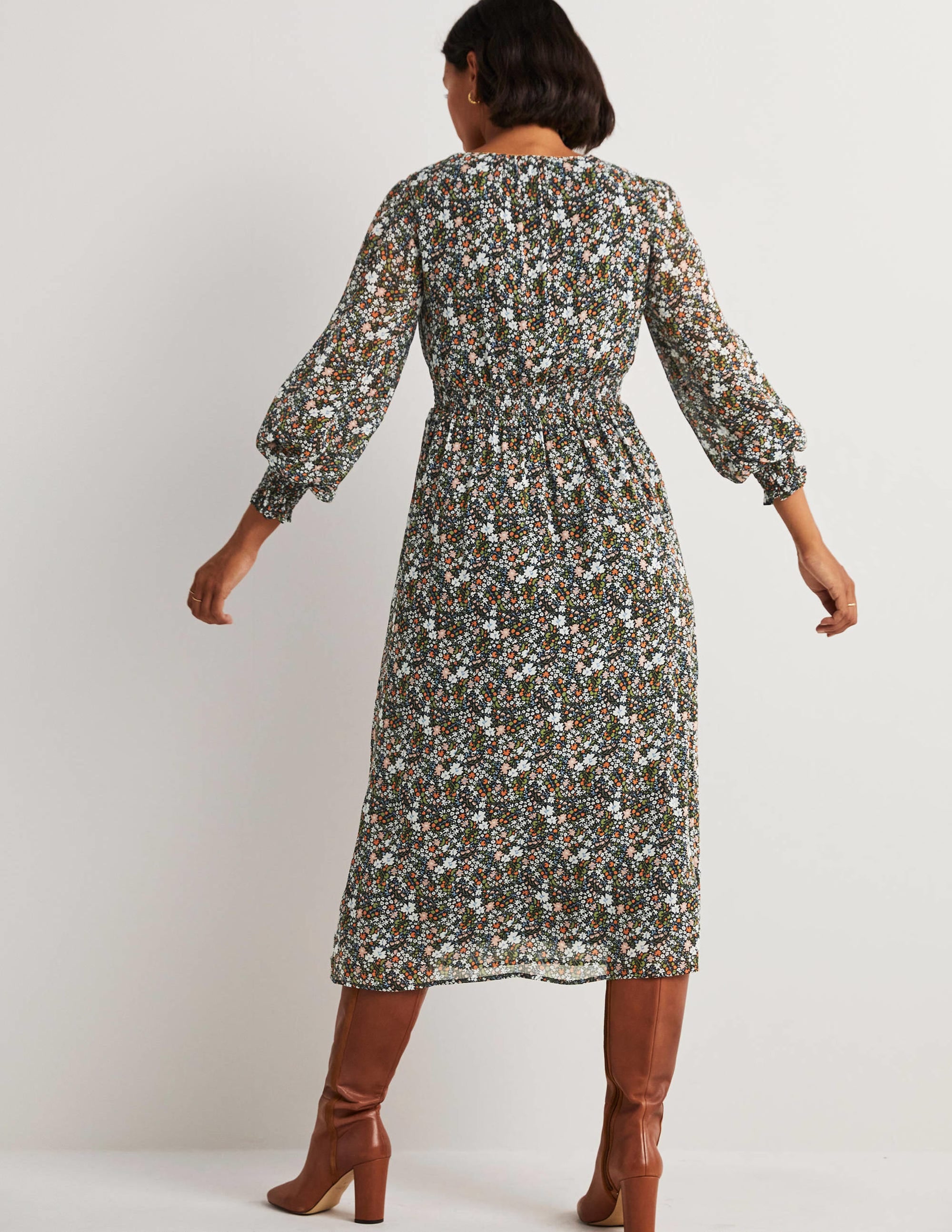 Robe midi à taille smockée-Noir, motif Abstract Ditsy - Image 3