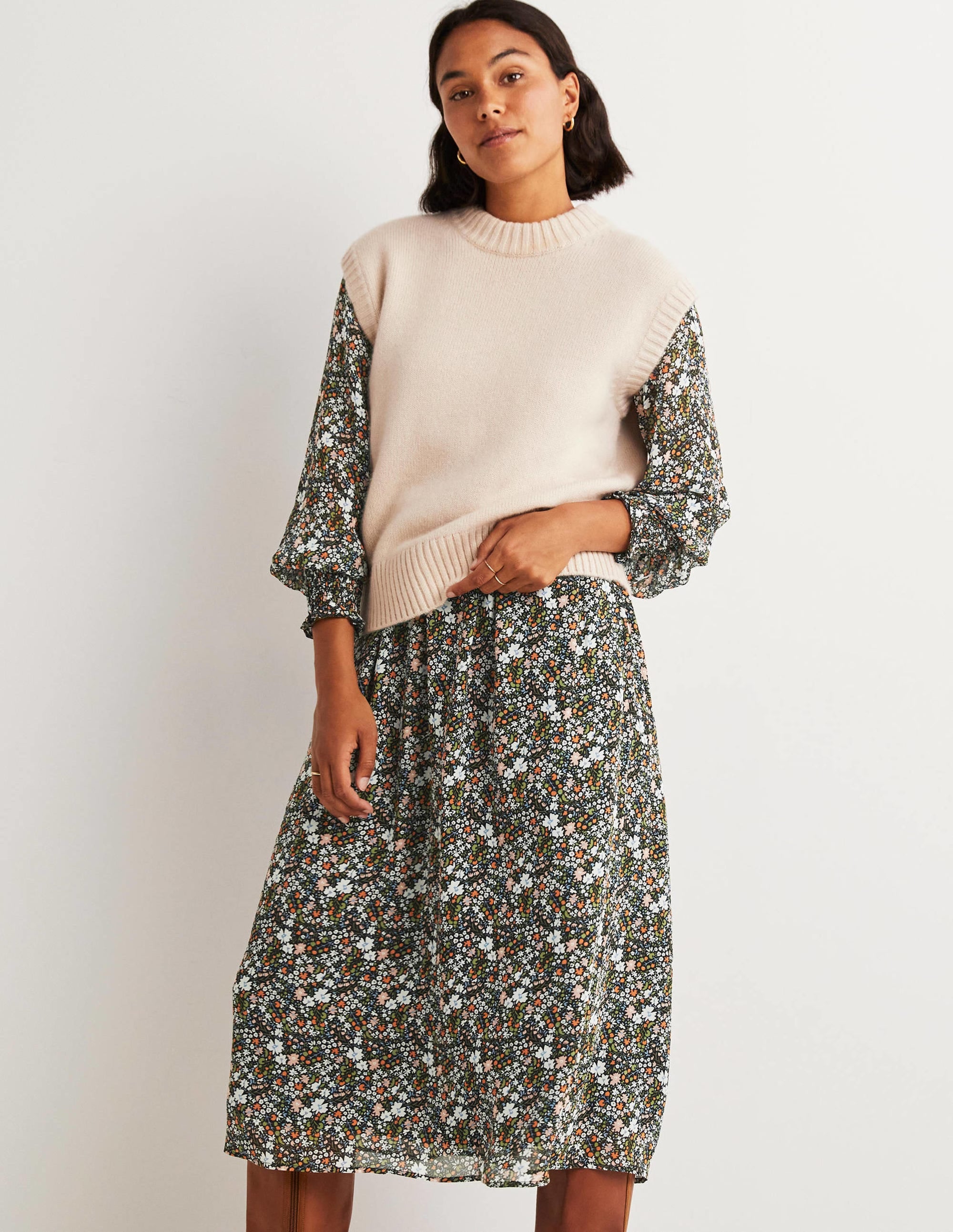 Robe midi à taille smockée-Noir, motif Abstract Ditsy - Image 4