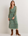 Midikleid mit gesmokter Taille-Bunt, Abstraktes Kleines Blumenmuster