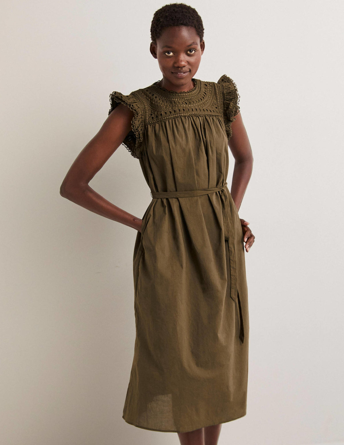 Broderie Detail Midi Dress-Basil - Image 1