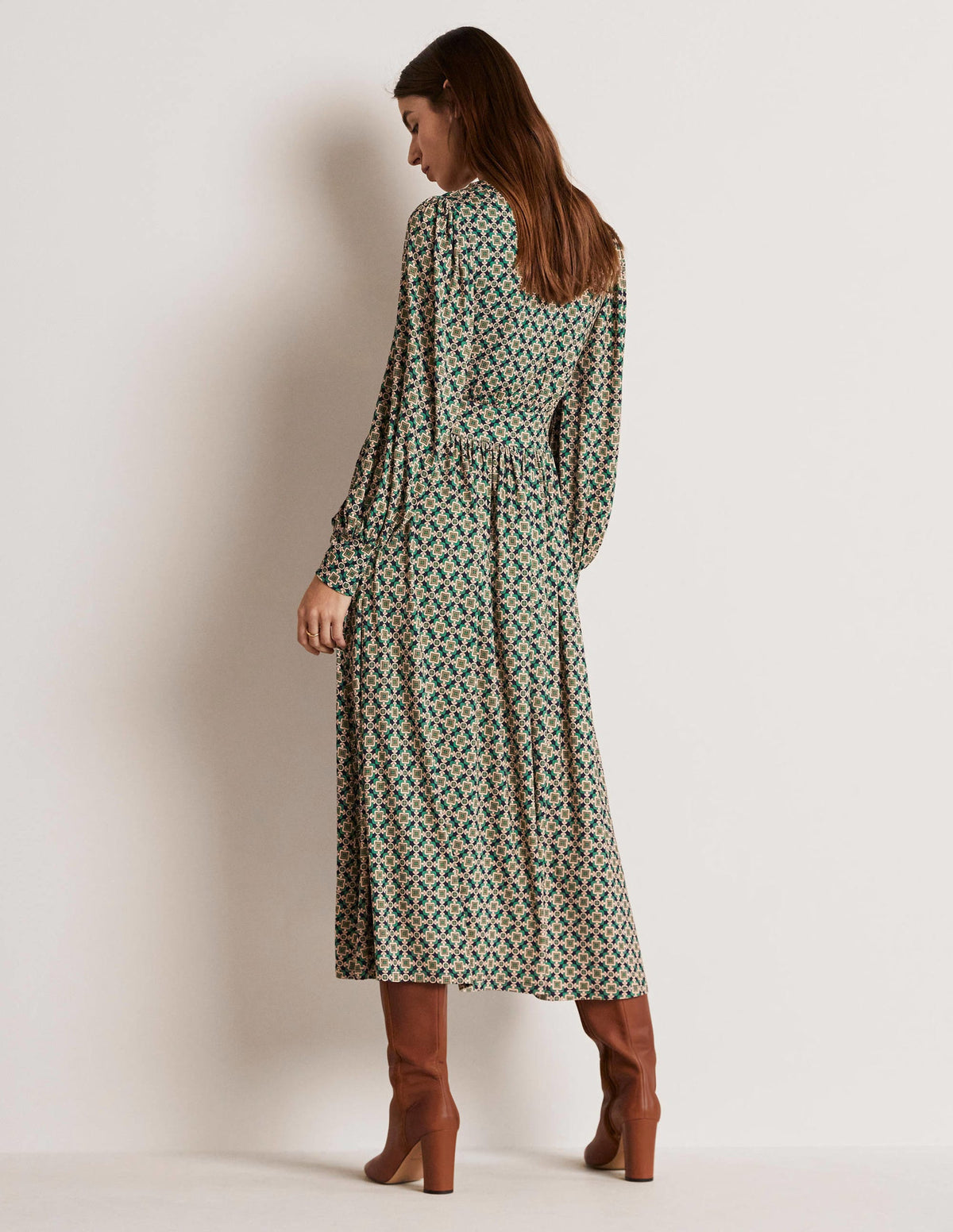 Fixed Wrap Jersey Midi Dress-Shady Glade, Square Geo - Image 7