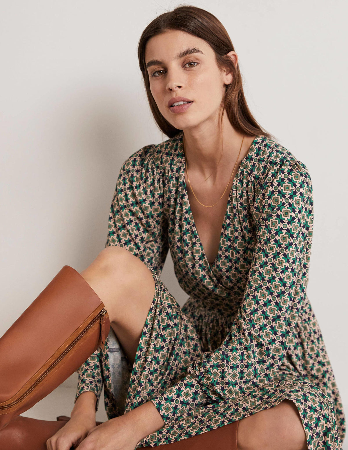 Fixed Wrap Jersey Midi Dress-Shady Glade, Square Geo-8