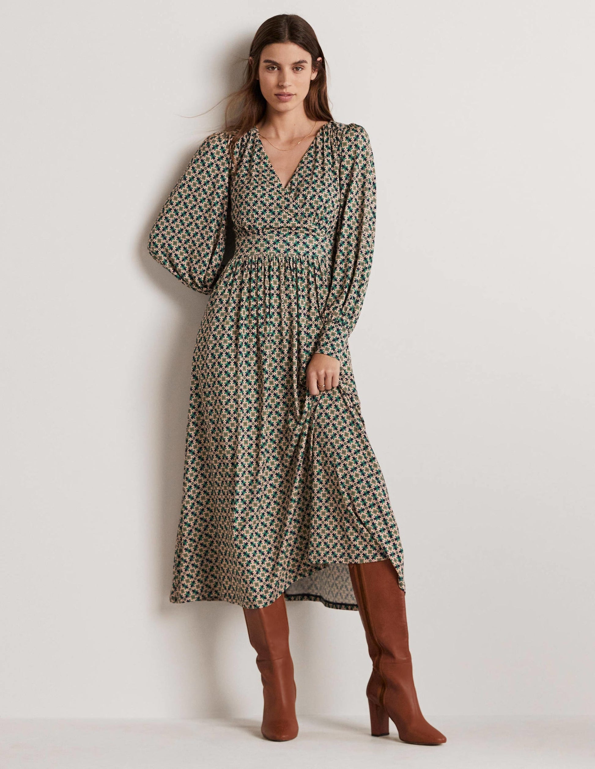 Fixed Wrap Jersey Midi Dress-Shady Glade, Square Geo-1