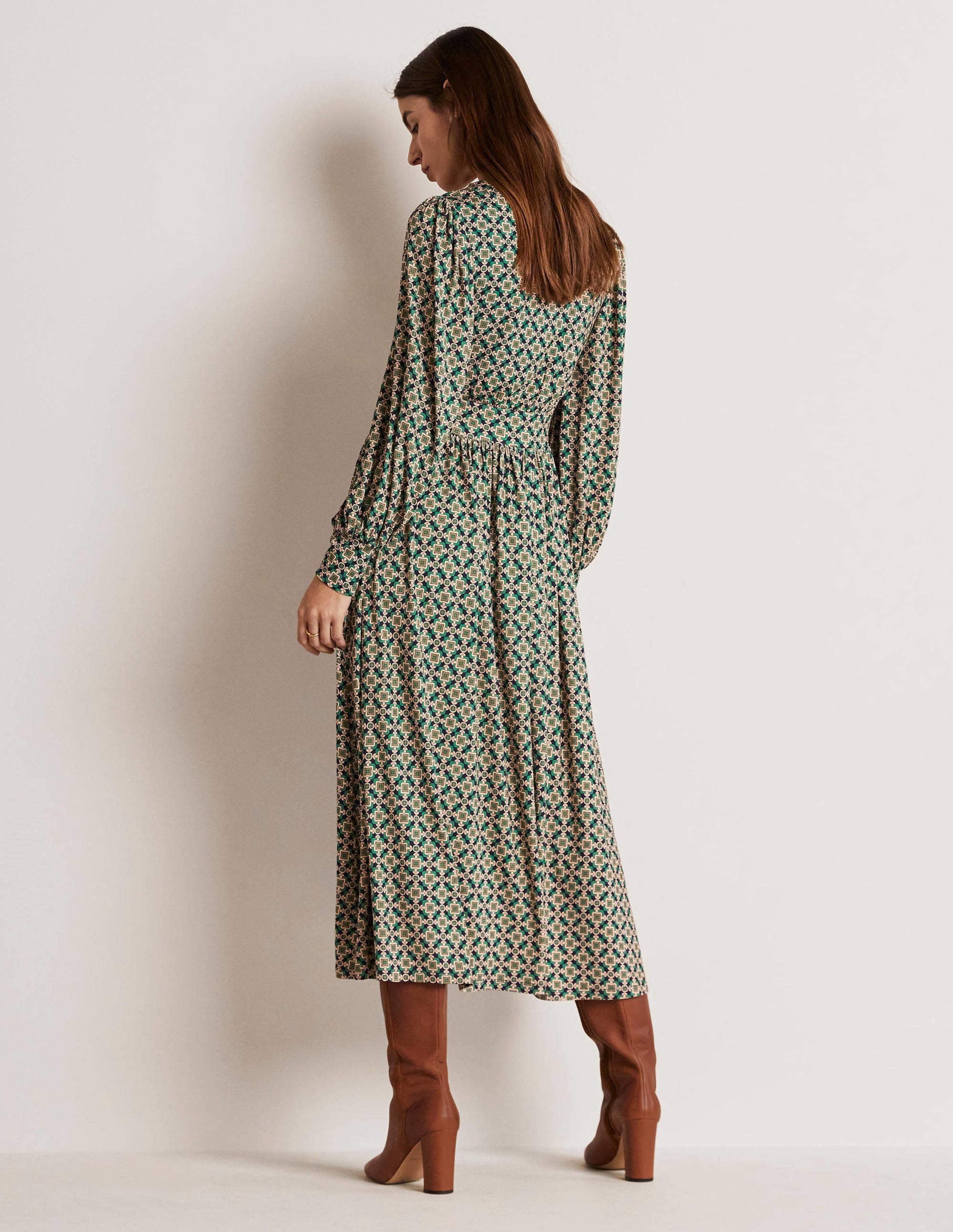 Fixed Wrap Jersey Midi Dress-Shady Glade, Square Geo - Image 3