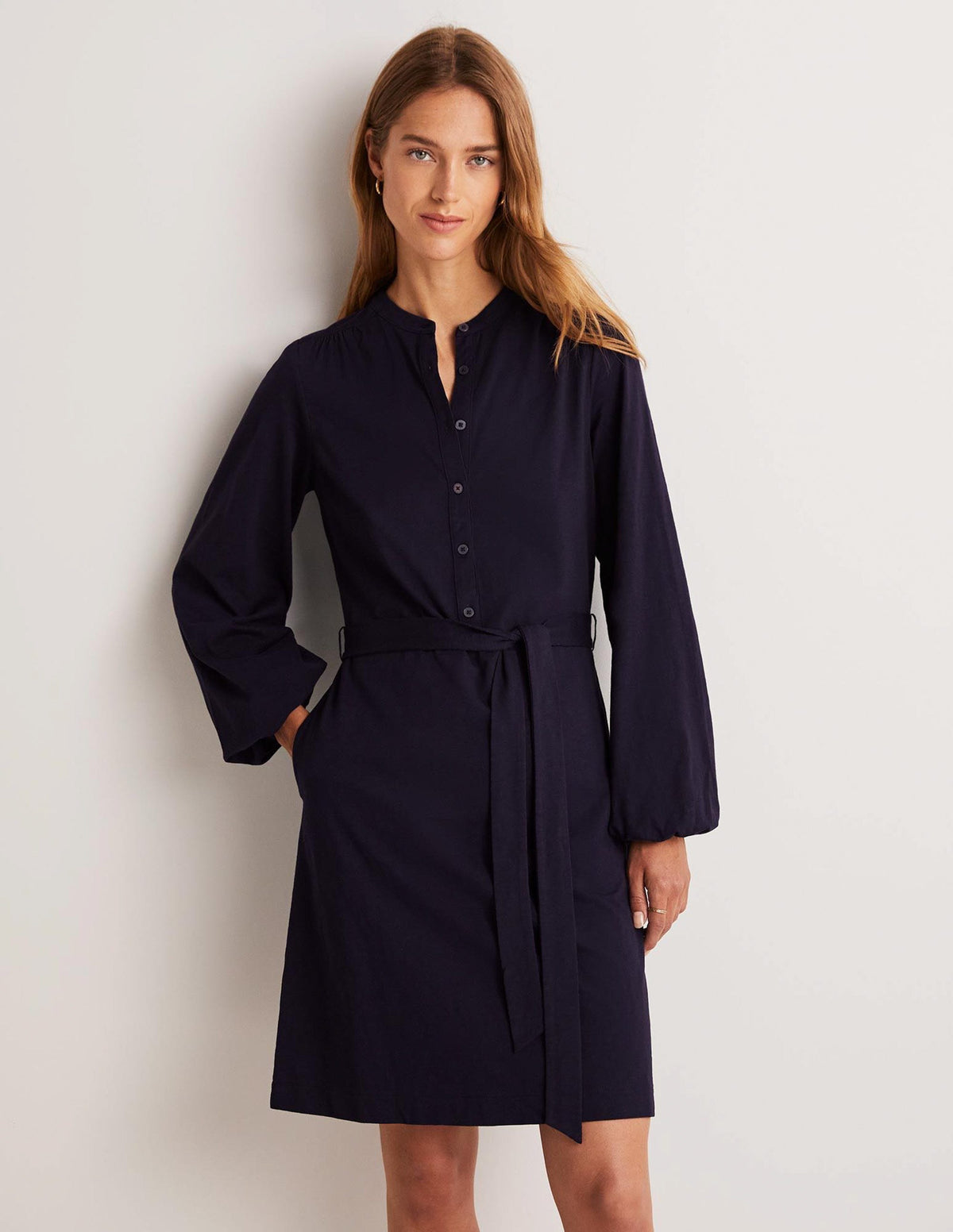 Belted Jersey Shirt Dress-Navy-1