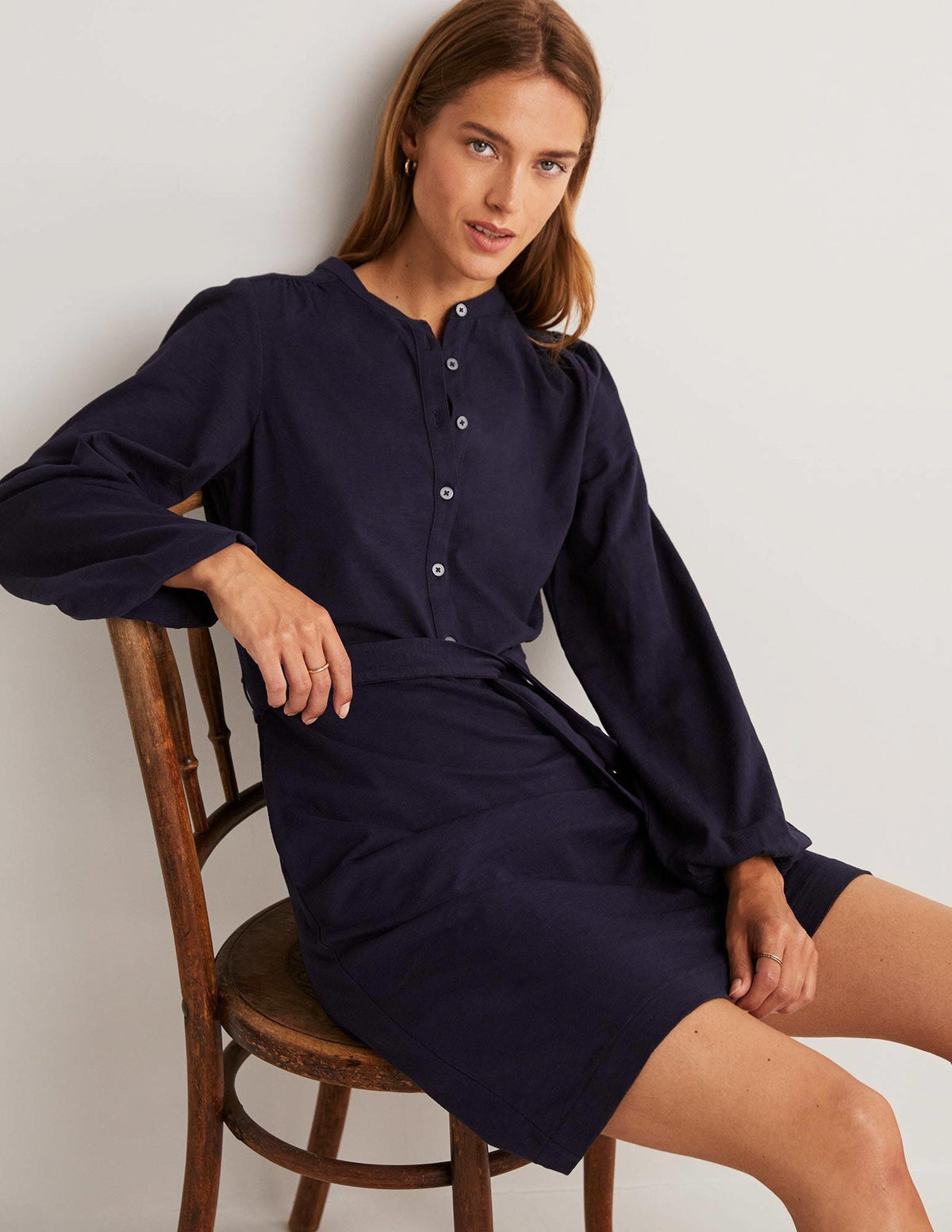 Belted Jersey Shirt Dress-Navy-4
