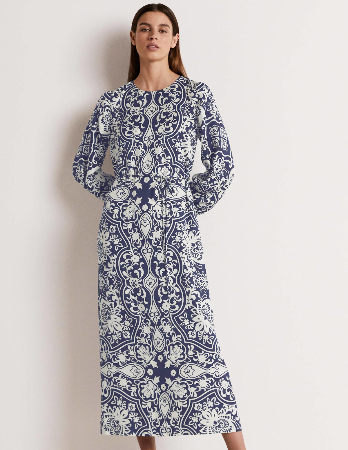 Langärmliges Säulen-Midikleid-Navy, Blütenornamente-7