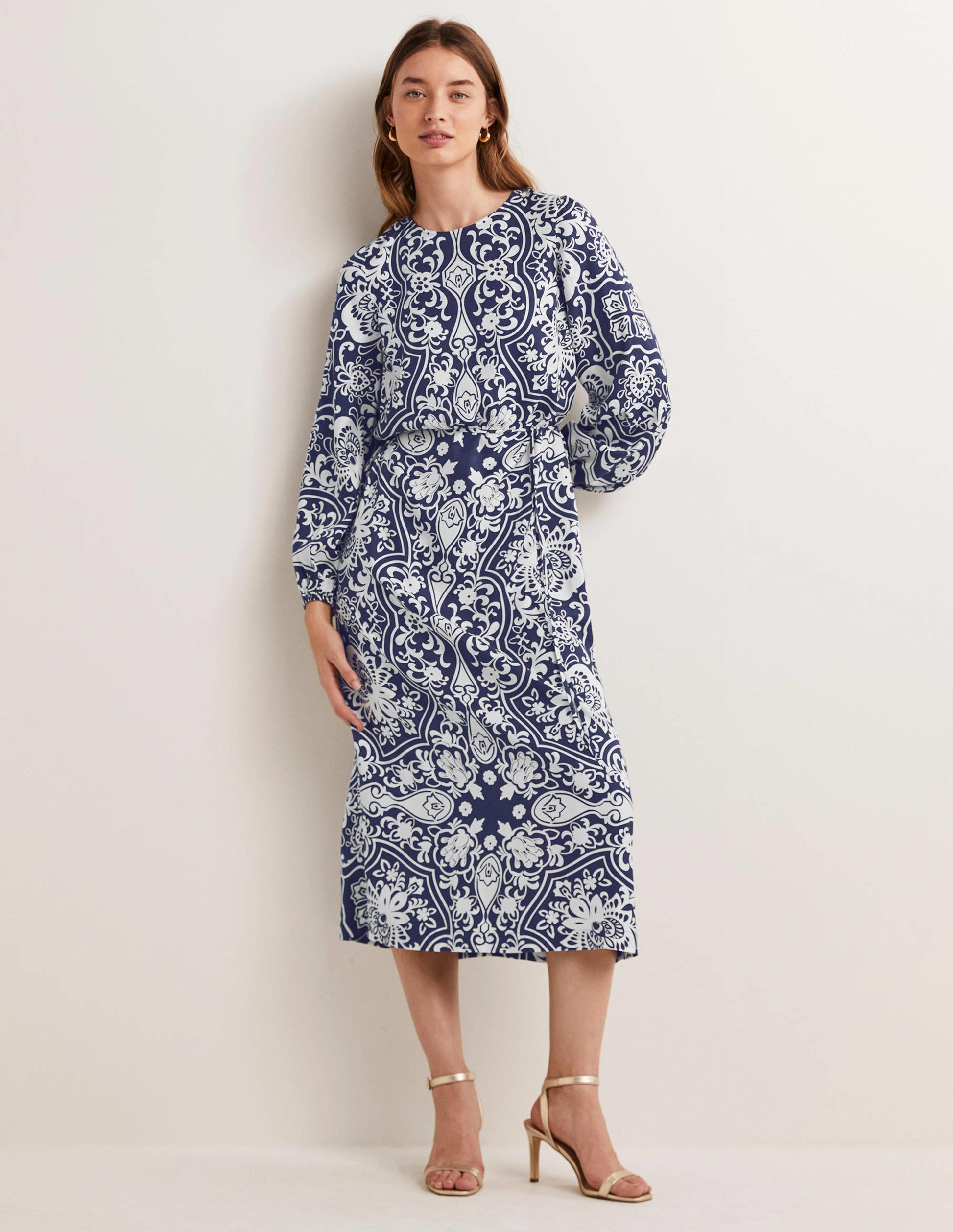 Langärmliges Säulen-Midikleid-Navy, Blütenornamente-6