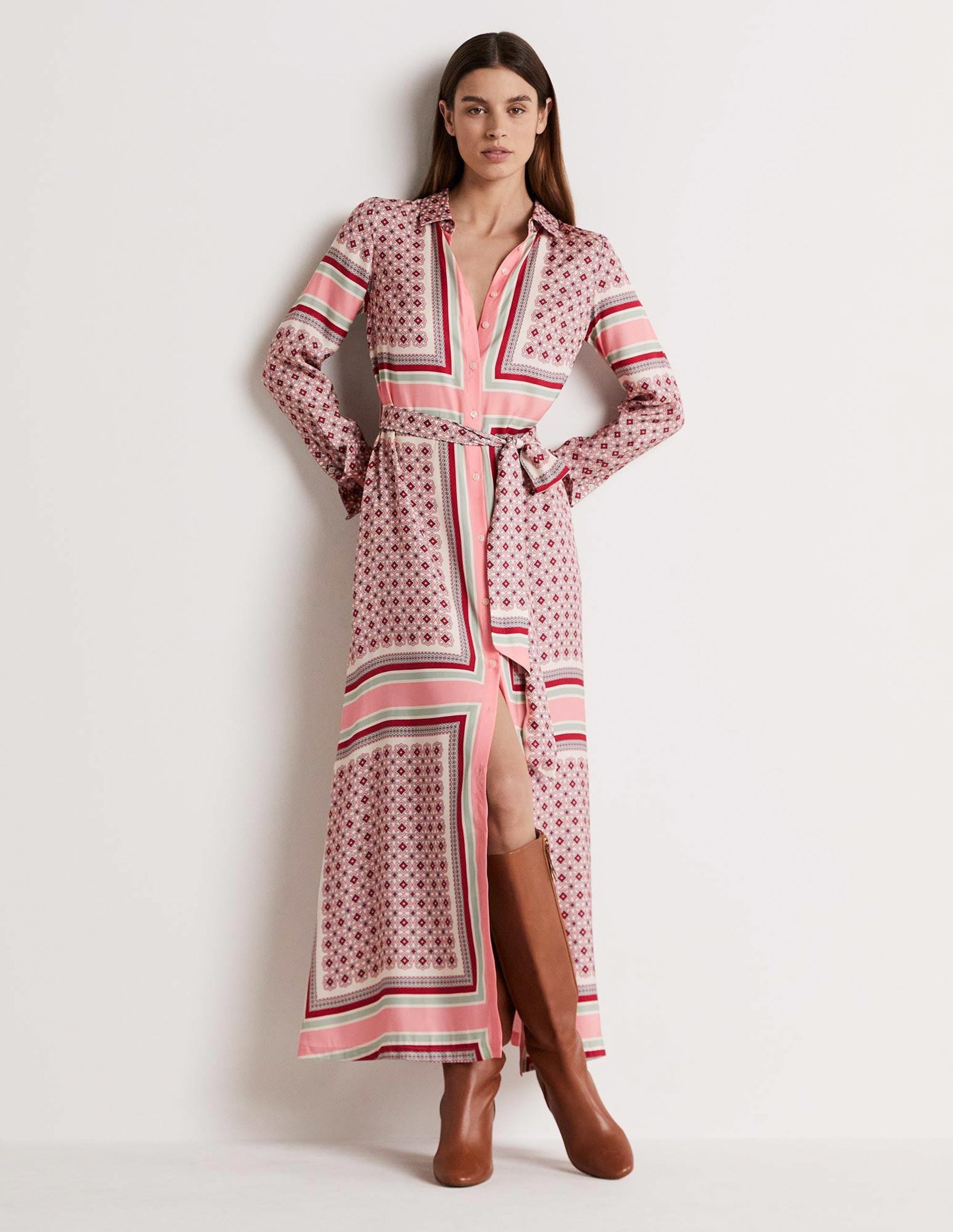 Claudia Maxi-Hemdblusenkleid-Mandelblütenrosa, Geometrisches Muster - Image 1