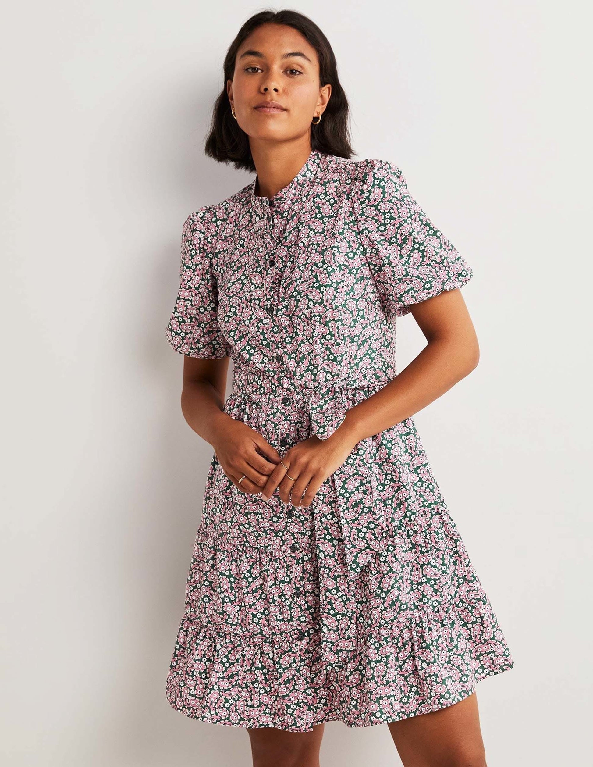 Robe-chemise à volants-Vert trekking, motif Petal Paisley-1