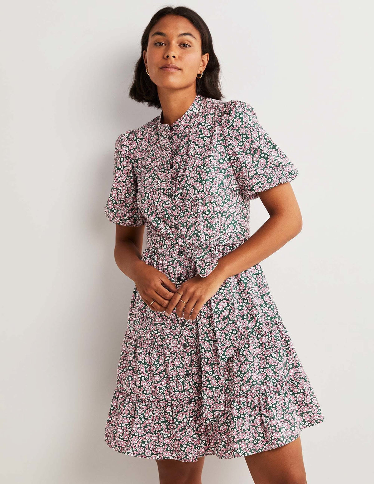 Robe-chemise à volants-Vert trekking, motif Petal Paisley - Image 1