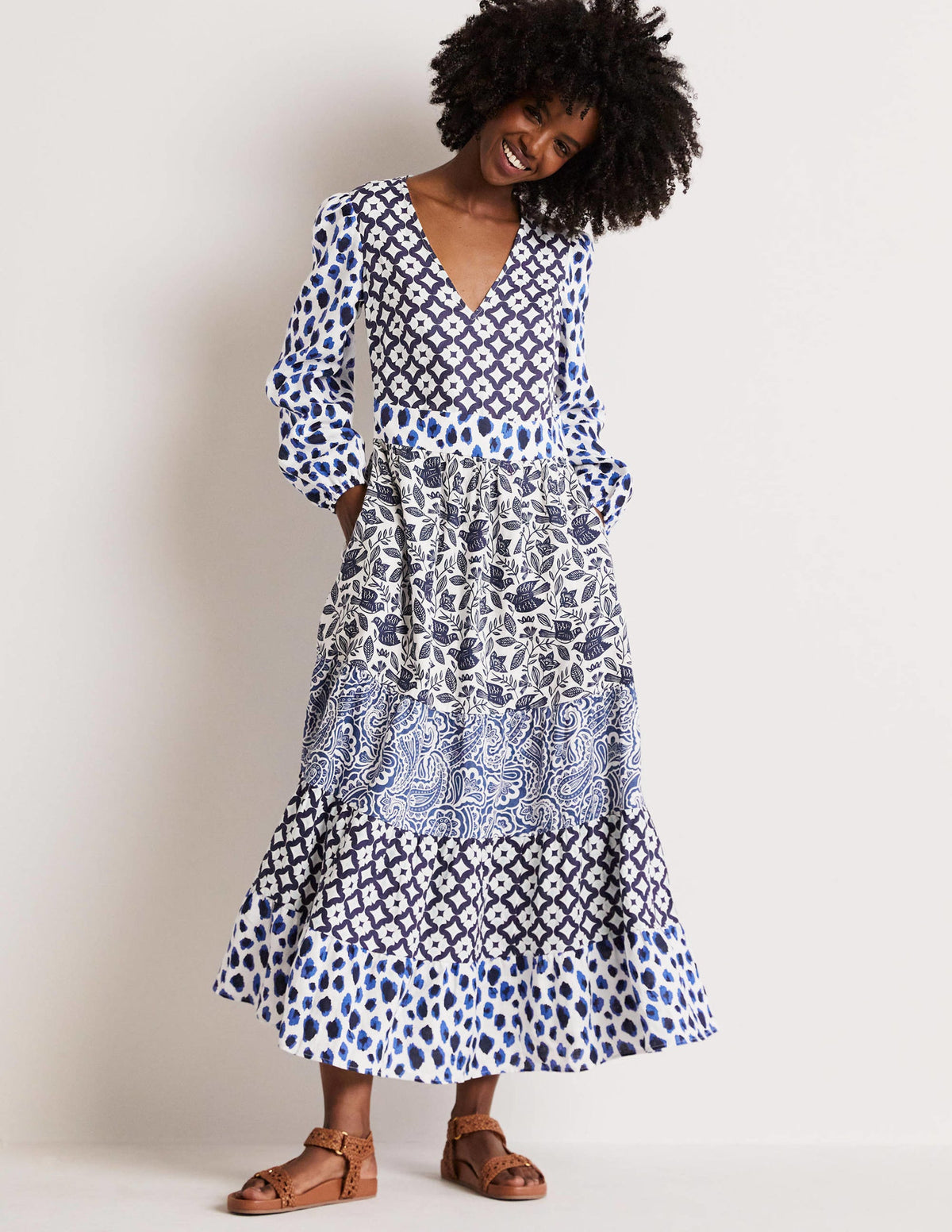 Gestuftes Upcycling Maxi-Kleid-Blau-6