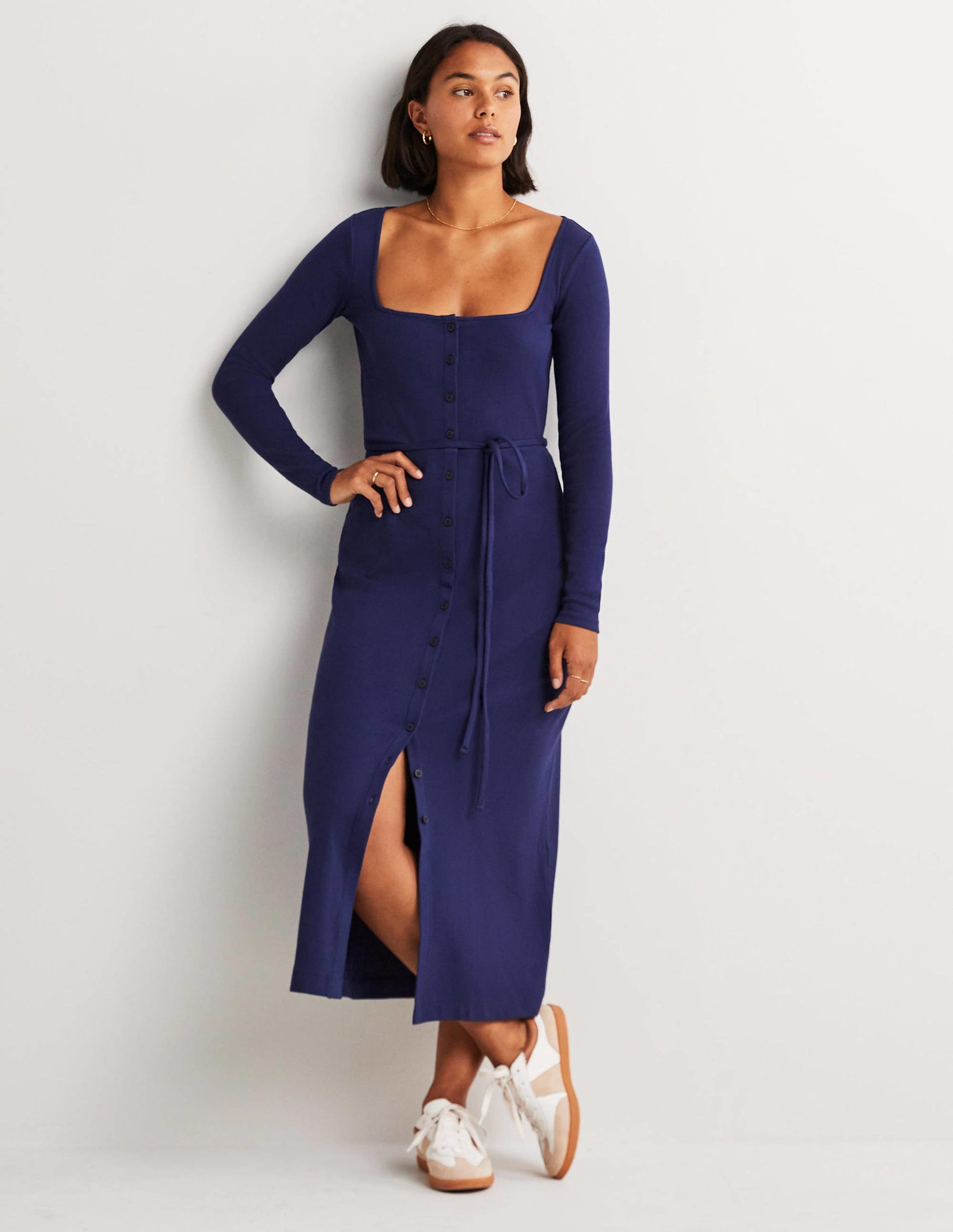 Robe midi côtelée en jersey-Bleu marine-1