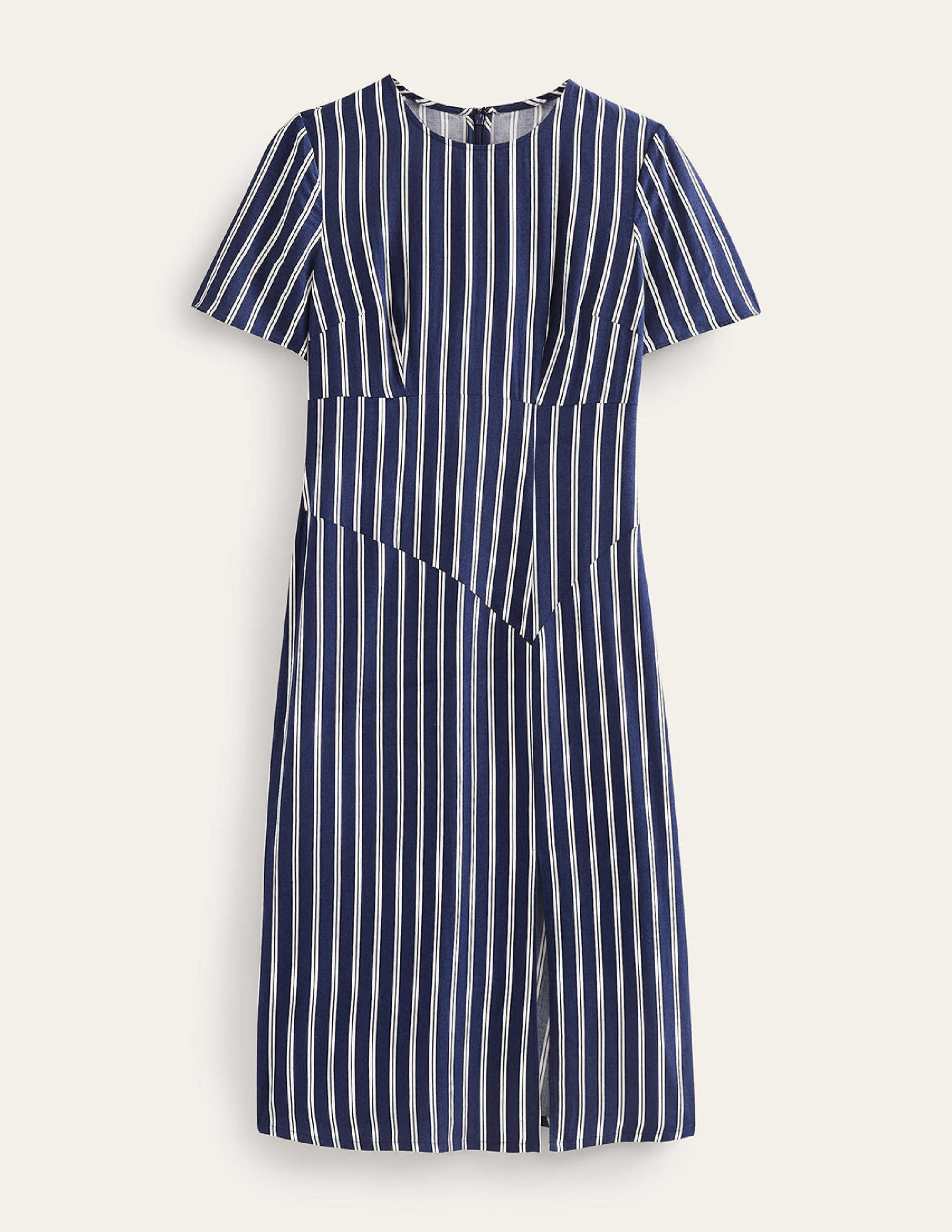 Striped Asymmetric Midi Dress-Navy and Ivory Vertical Stripe - Image 9