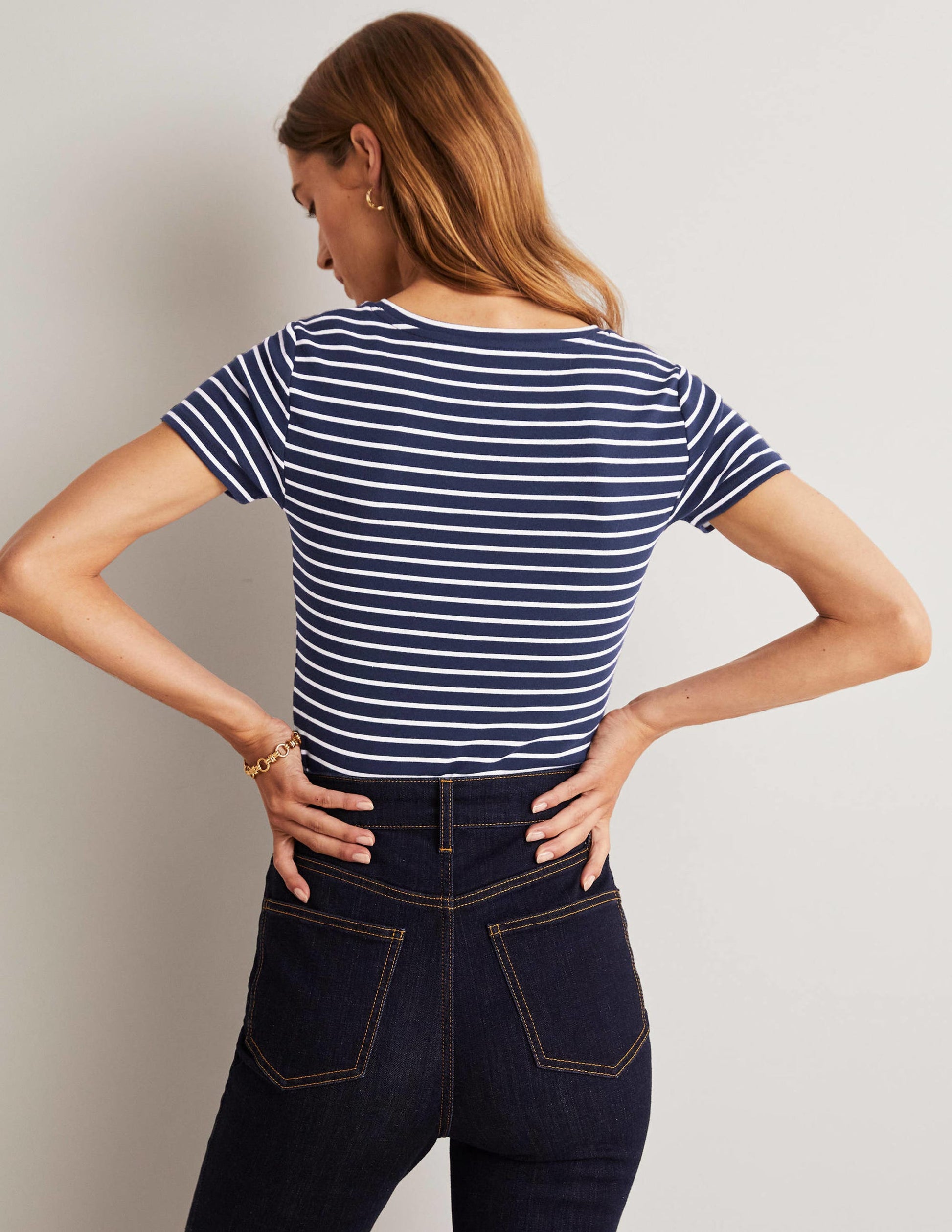 Kurzärmeliges Basic-T-Shirt-Navy/Naturweiß, Gestreift-7