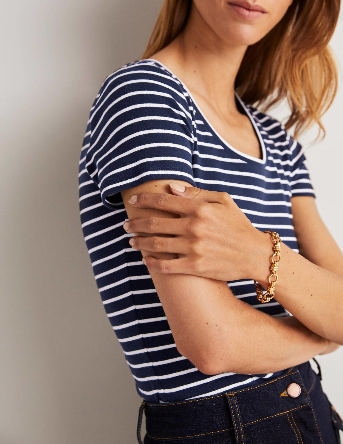 Kurzärmeliges Basic-T-Shirt-Navy/Naturweiß, Gestreift-2