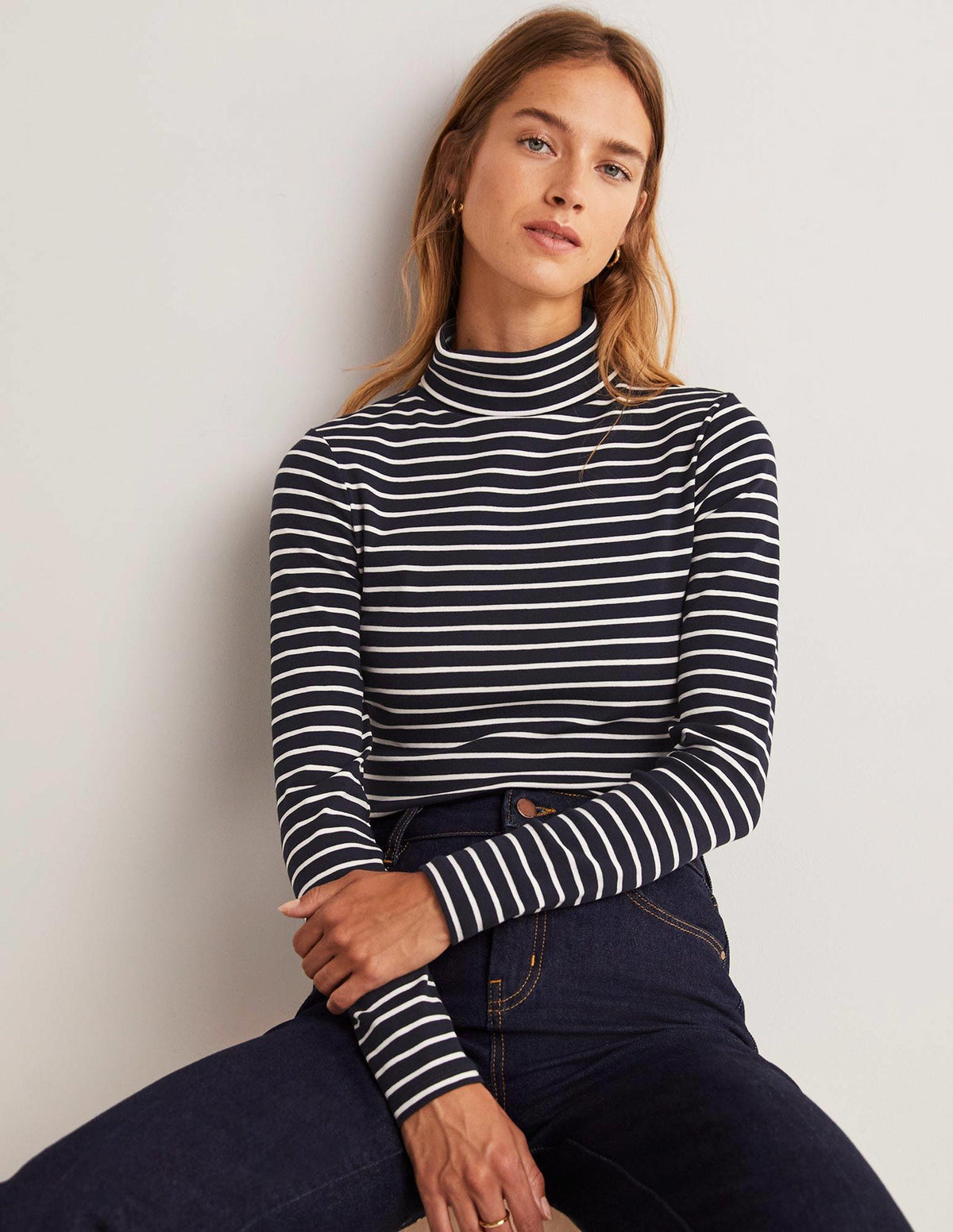 Basic-Rollkragenoberteil-Navy/Naturweiß, Gestreift - Image 1