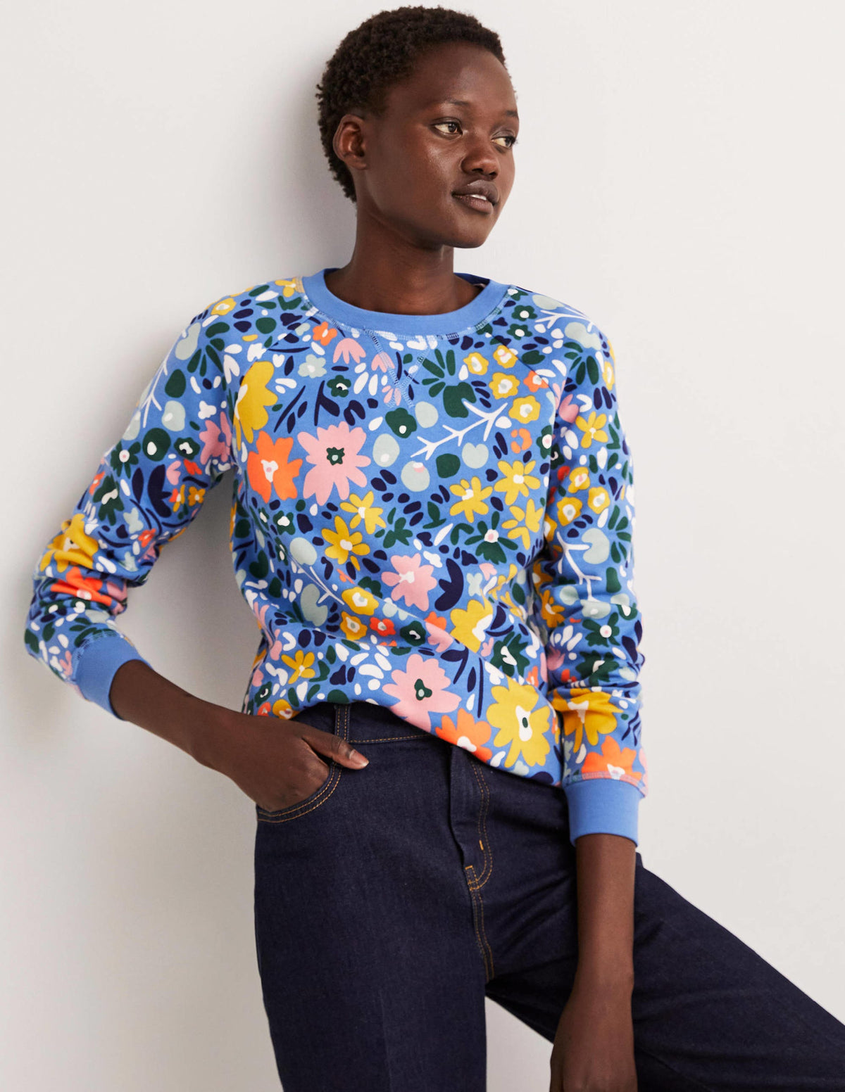 Gemustertes Sweatshirt aus Baumwolle-Rivierablau, Abstraktes Kleines Blumenmuster - Image 1