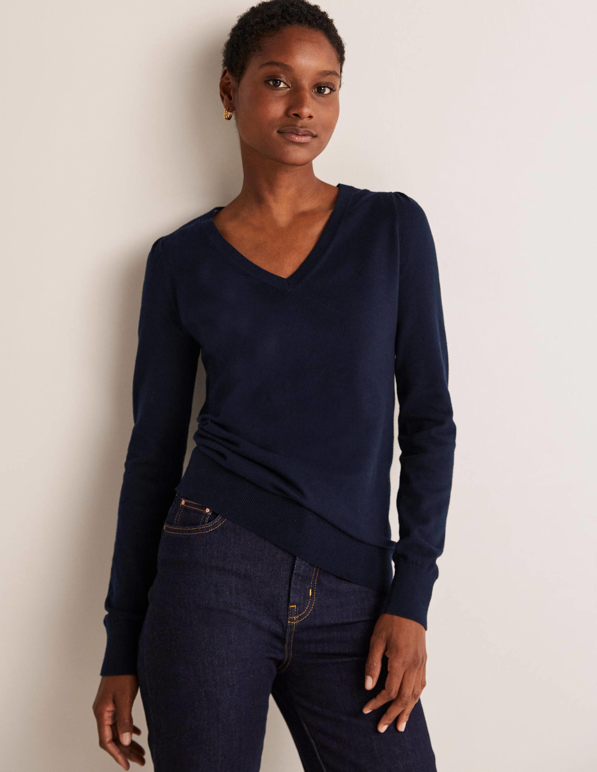 Cotton V-Neck Jumper-Navy - Image 6