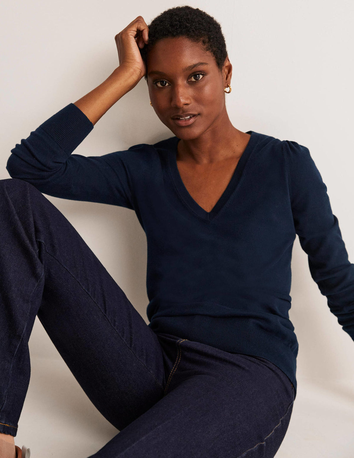 Cotton V-Neck Jumper-Navy - Image 7