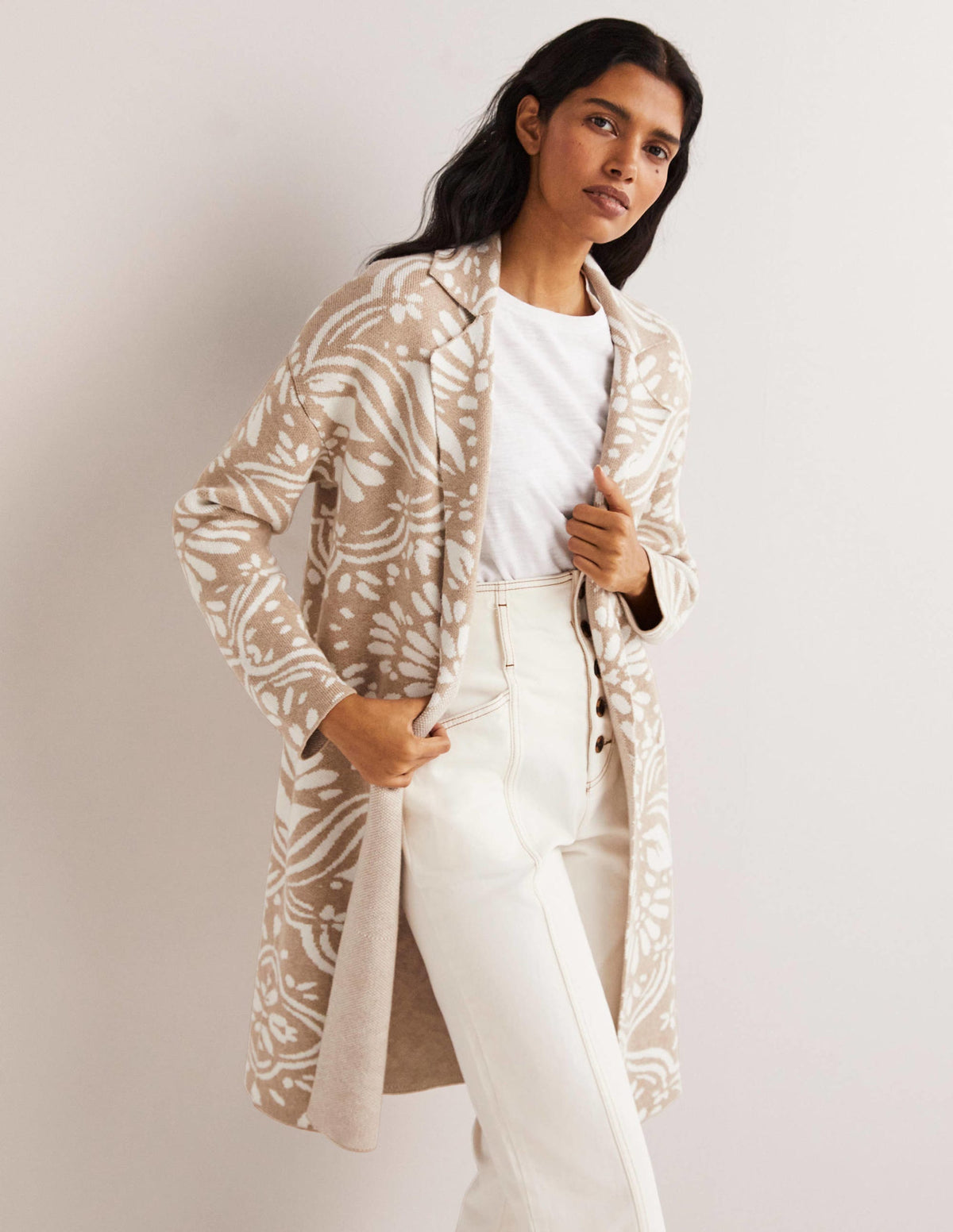 Langer Strick-Cardigan-Mausgrau, Orientalisches Diamantmuster-1