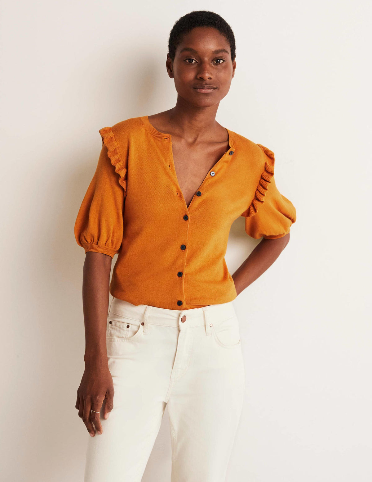 Baumwollcardigan mit Rüschenschultern-Wüstensonnenorange-4