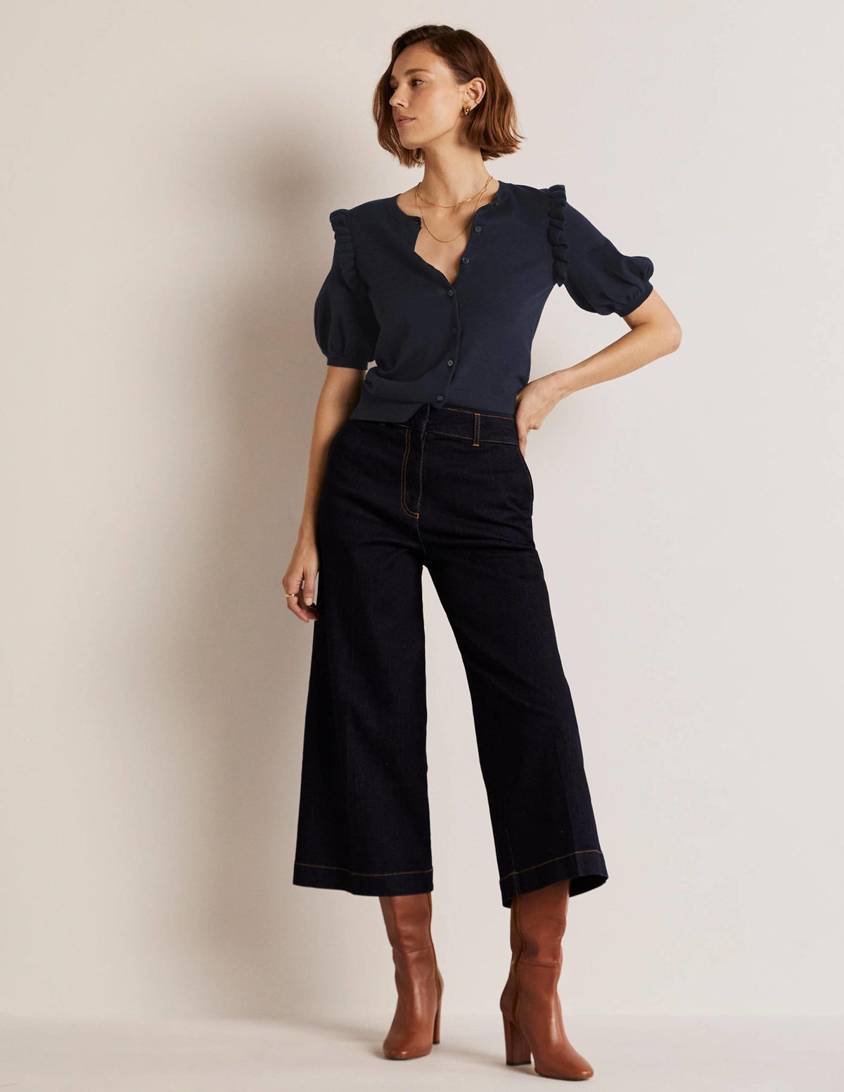 Baumwollcardigan mit Rüschenschultern-Marineblau-4