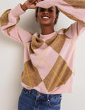 Flauschiger Pullover mit Blousonärmeln-Kamelhaarbraun/Delfinrosa, Argyle-Muster