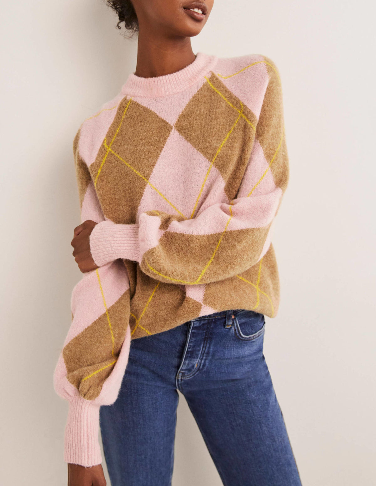 Flauschiger Pullover mit Blousonärmeln-Kamelhaarbraun/Delfinrosa, Argyle-Muster - Image 4