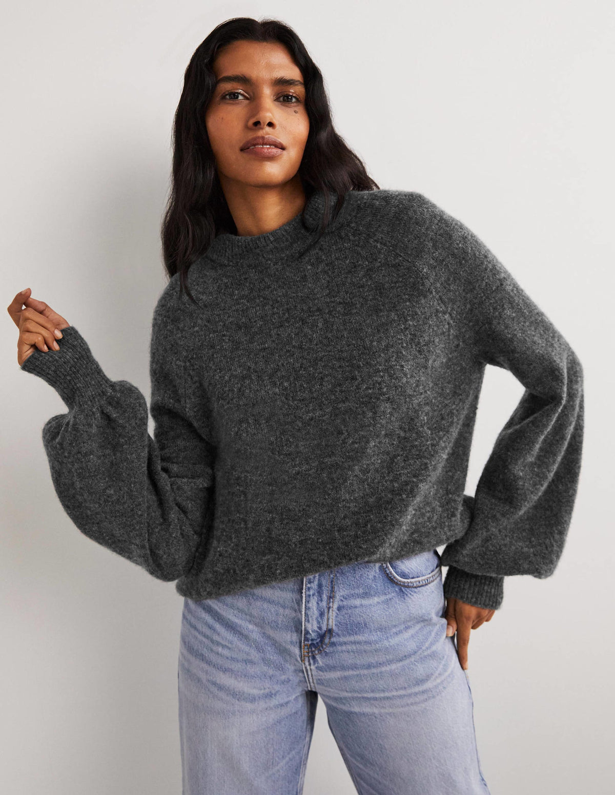 Pull duveteux à manches blousantes-Anthracite chiné - Image 1