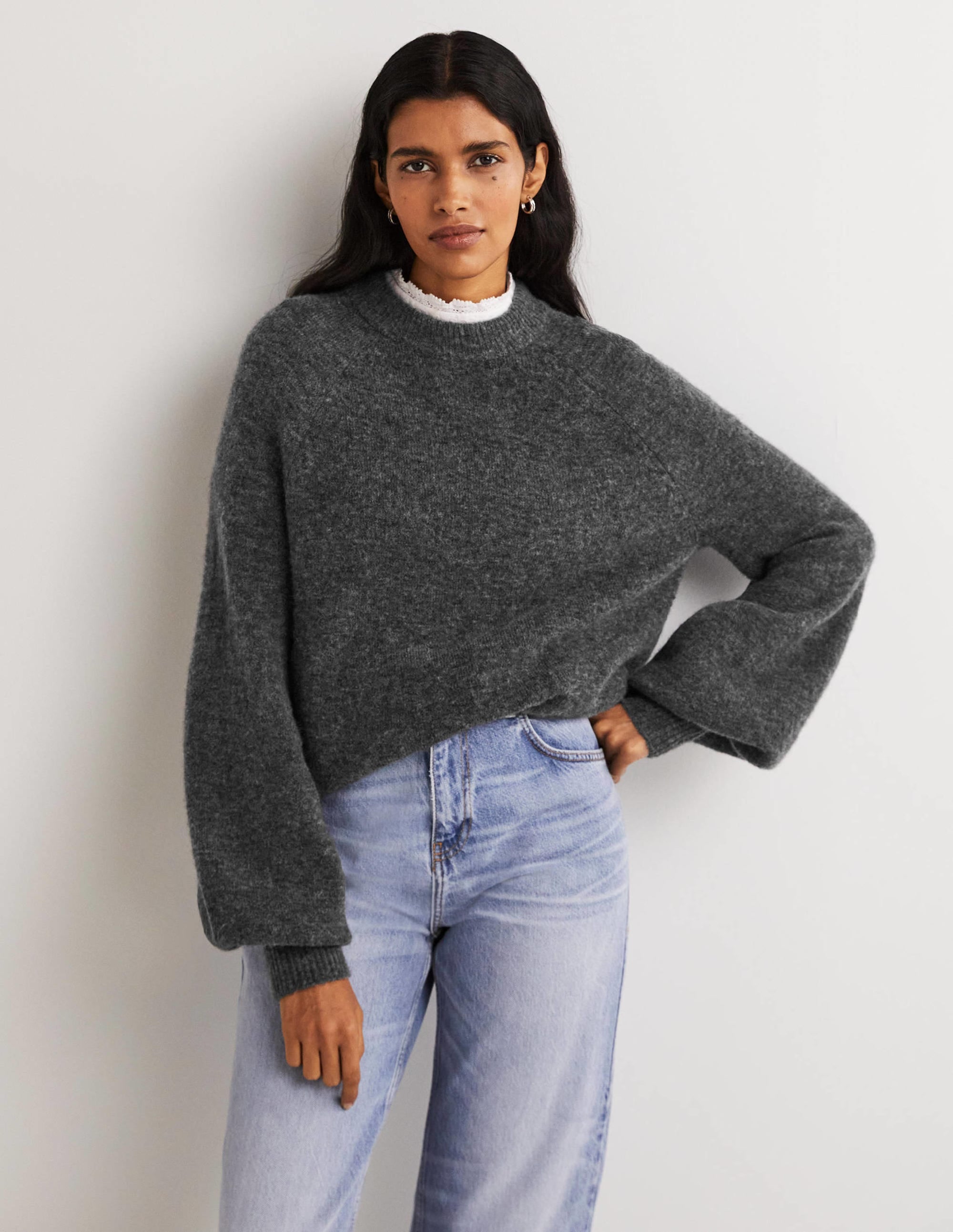 Pull duveteux à manches blousantes-Anthracite chiné - Image 4