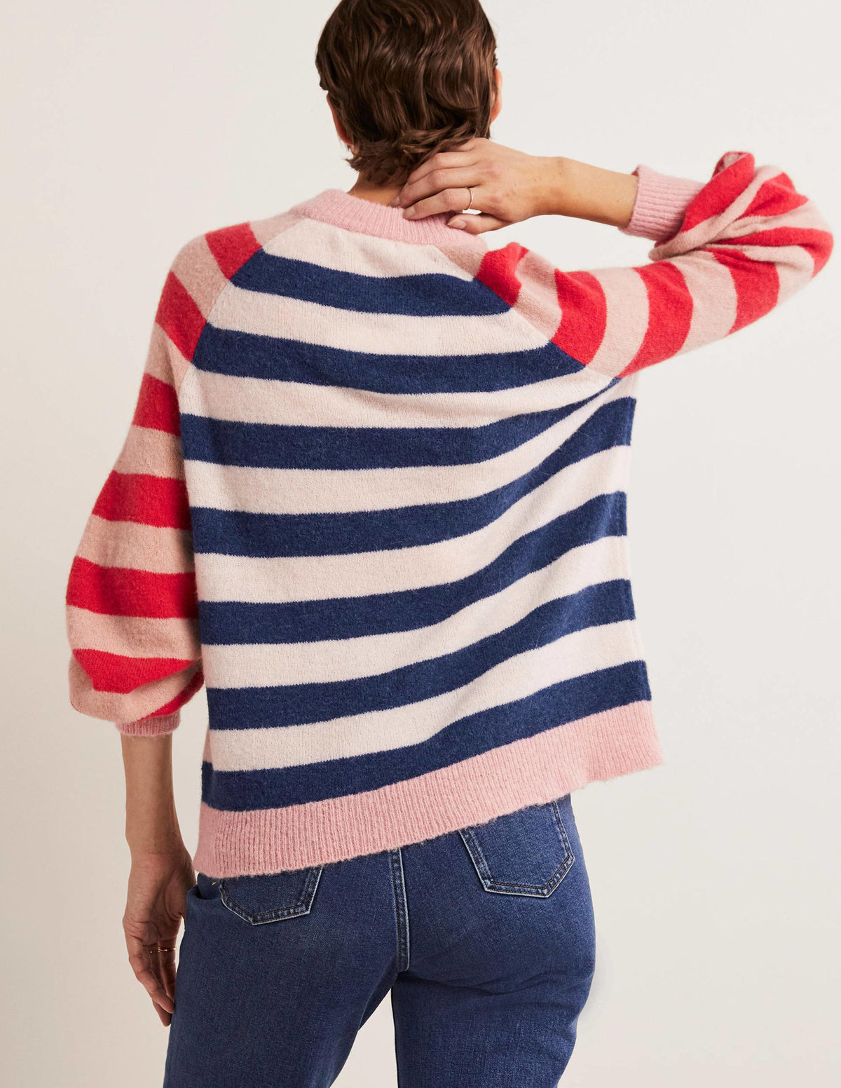 Flauschiger Pullover mit Blousonärmeln-Segelblau/Naturweiß, Streifenmix - Image 3