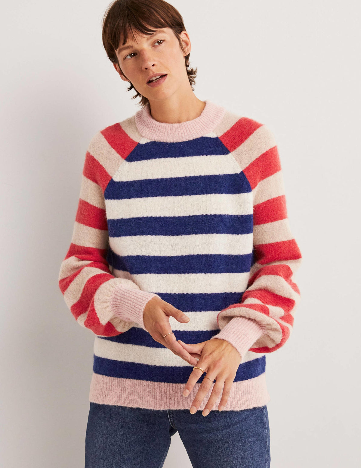 Flauschiger Pullover mit Blousonärmeln-Segelblau/Naturweiß, Streifenmix-4