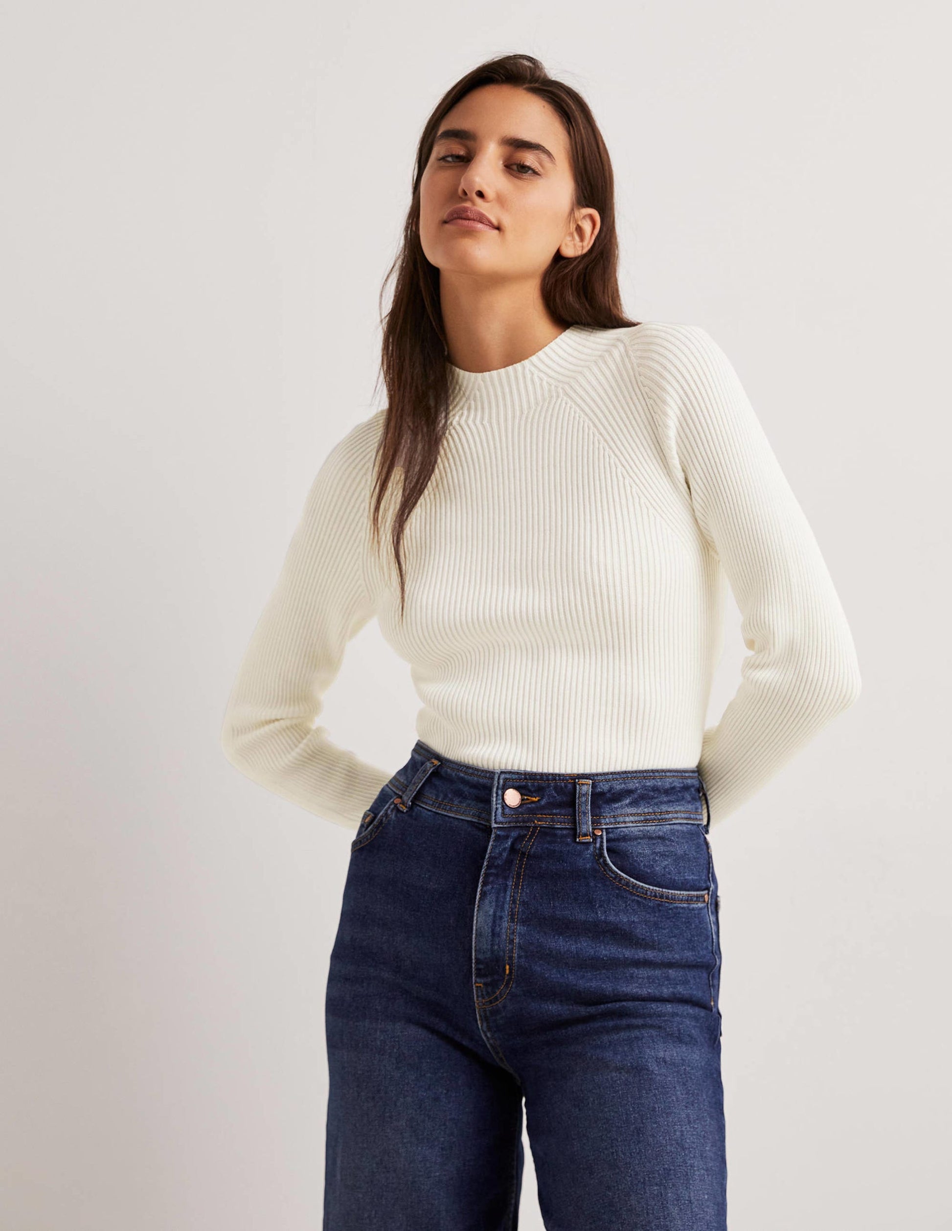 Ribbed High Neck Jumper-Ivory-4