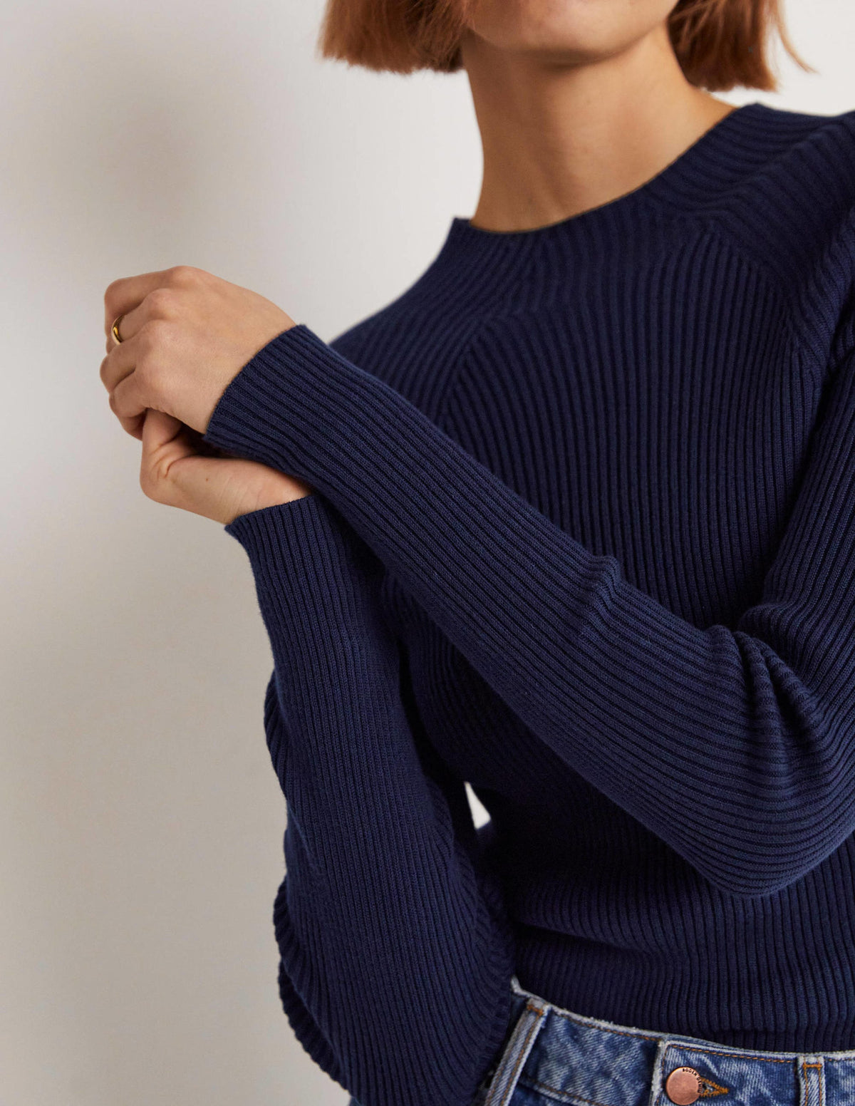 Gerippter Pullover mit hohem Kragen-Marineblau-2