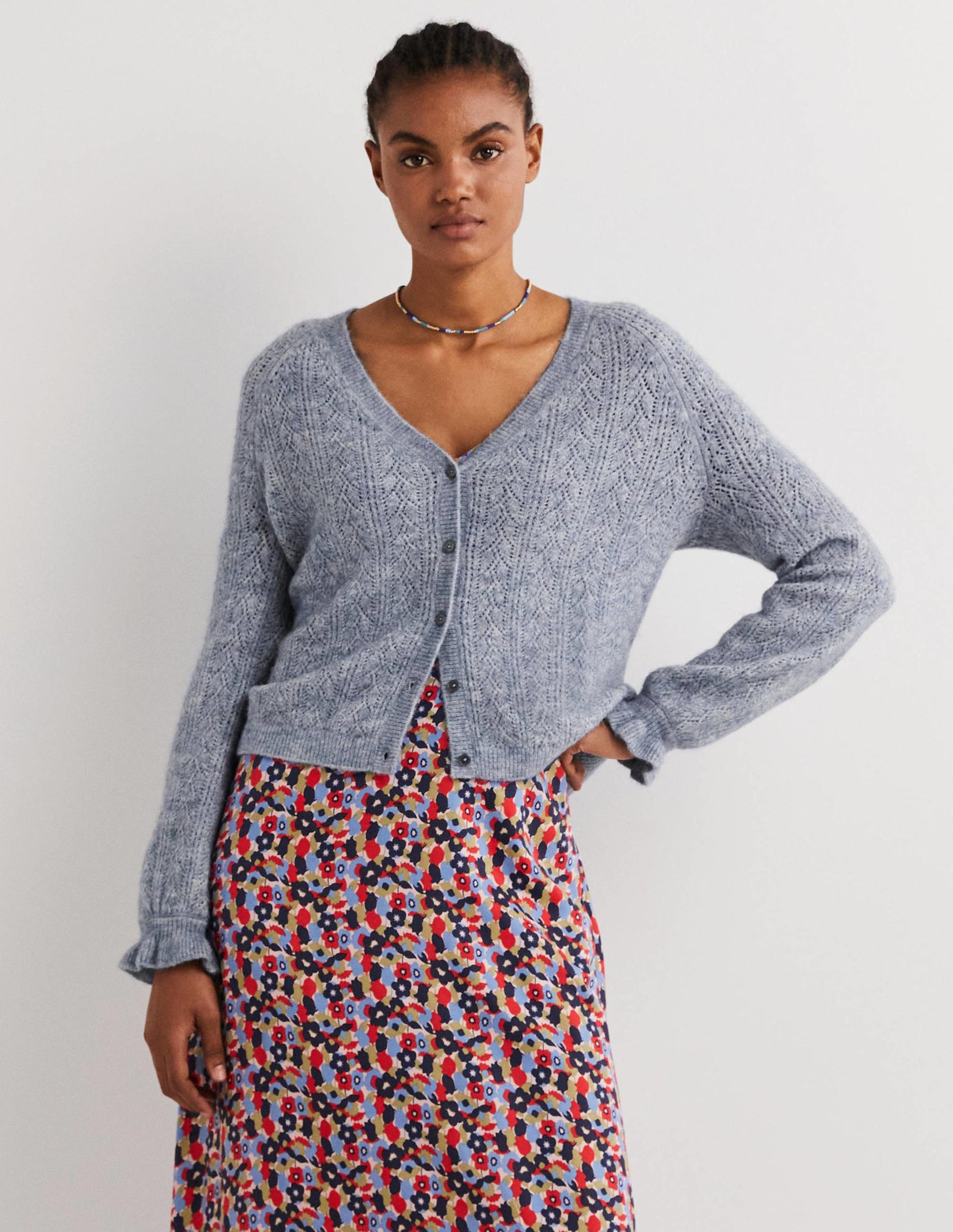 Flauschiger Pointelle-Cardigan-Offiziersblau Melange-1