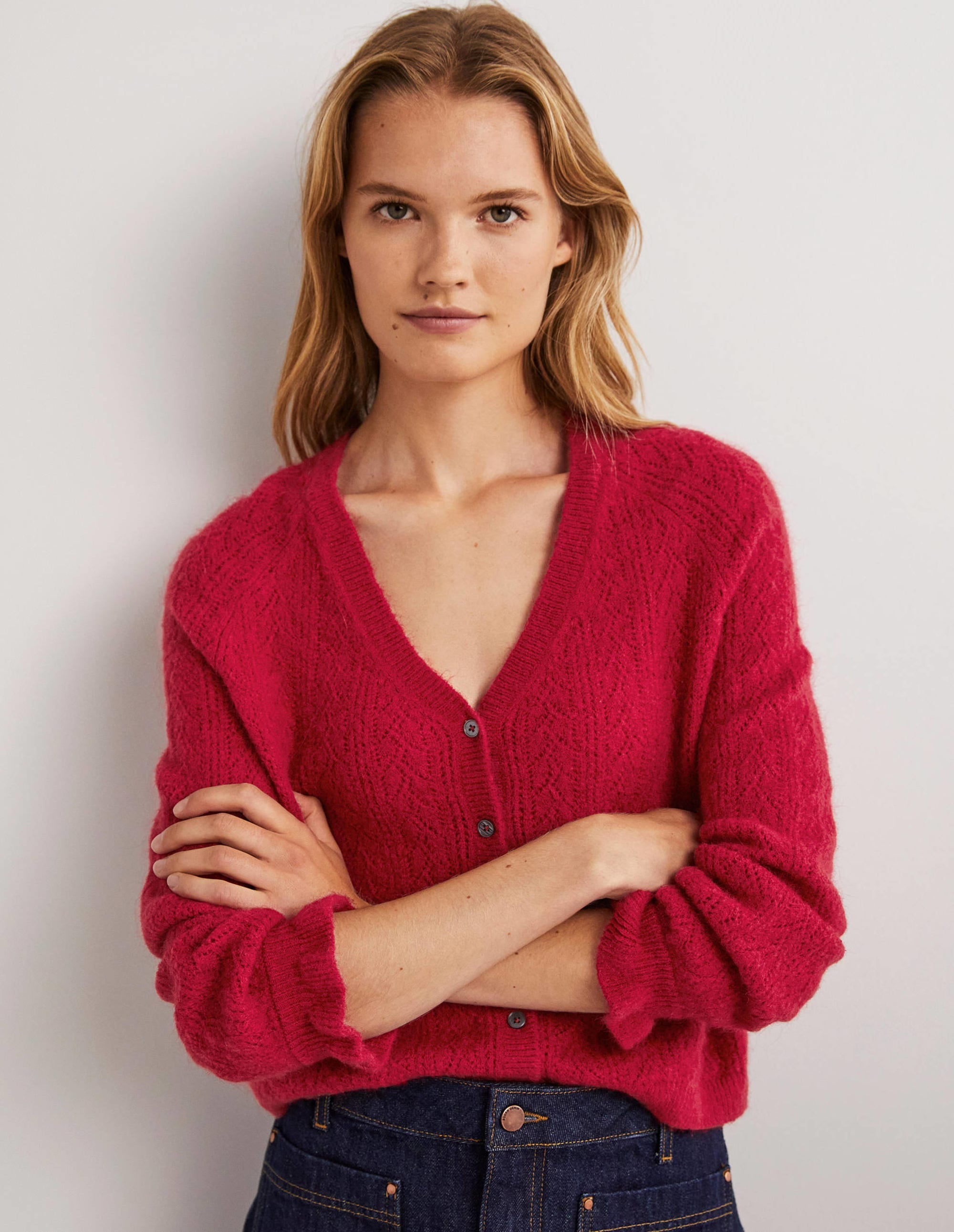 Flauschiger Pointelle-Cardigan-Rubinrot - Image 1
