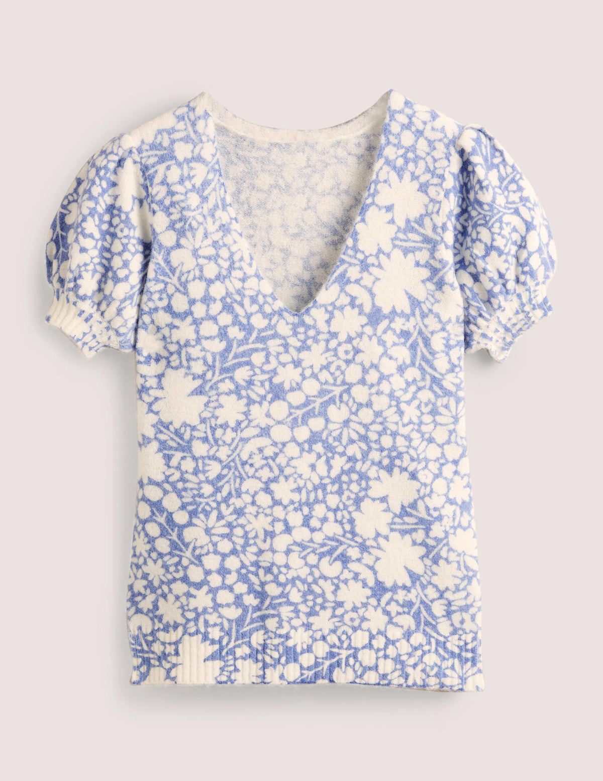 Gemusterter Pullover mit Puffärmeln-Rivierablau, Abstraktes Kleines Blumenmuster - Image 6